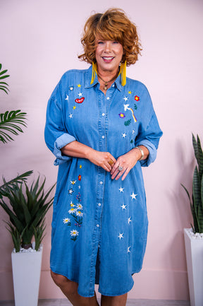 True Happiness Denim Blue/Multi Color Embroidered Dress - D5449DBL