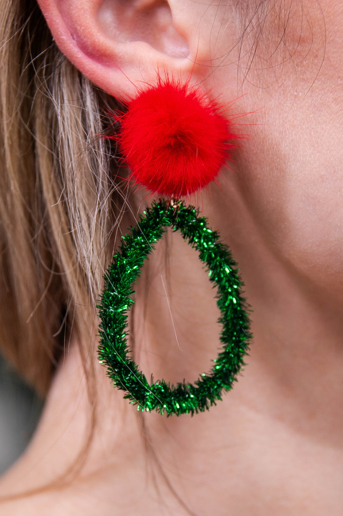 Green/Red Tinsel & Pompom Teardrop Earrings - EAR4452GN