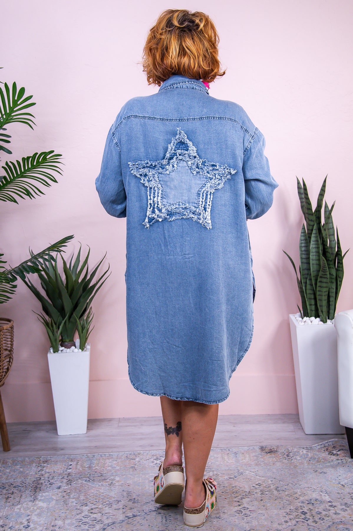 Stargazing Sweetheart Denim Solid Frayed Star High-Low Dress - D5450DN