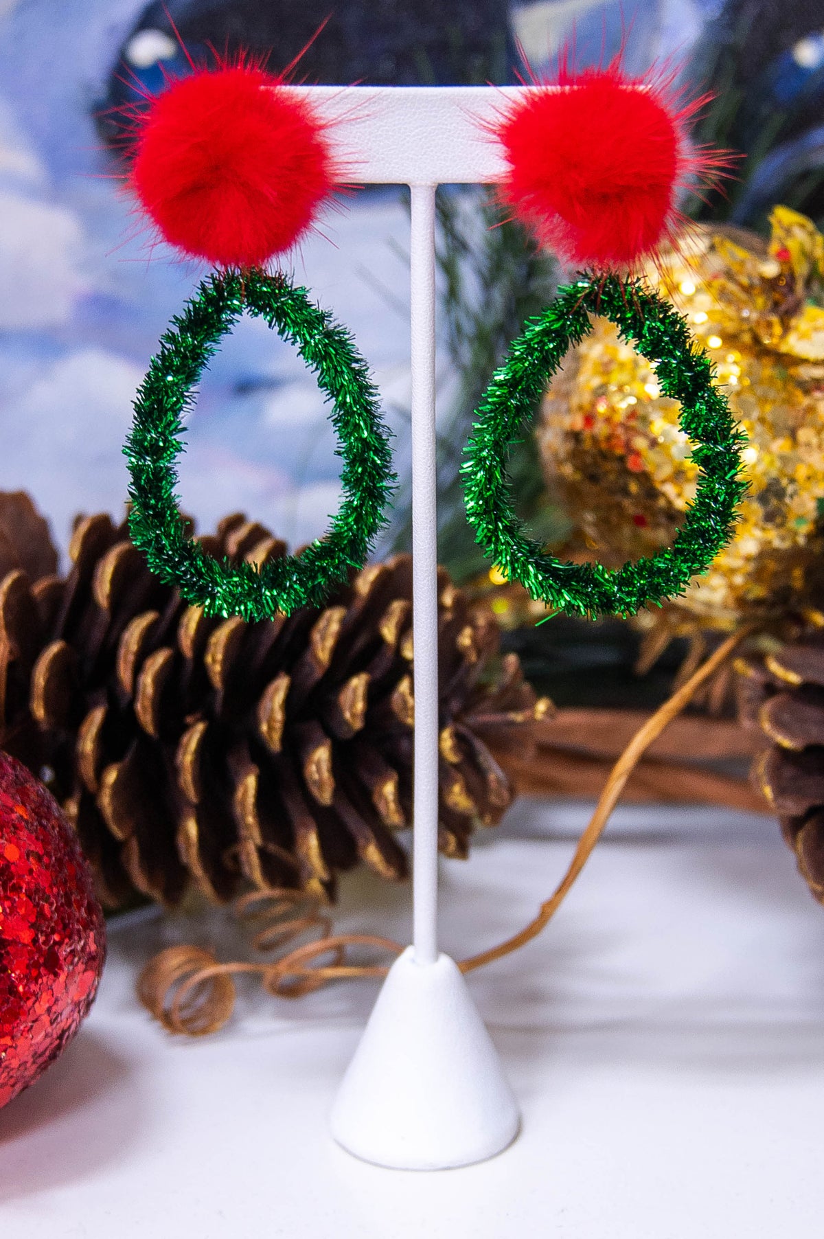 Green/Red Tinsel & Pompom Teardrop Earrings - EAR4452GN