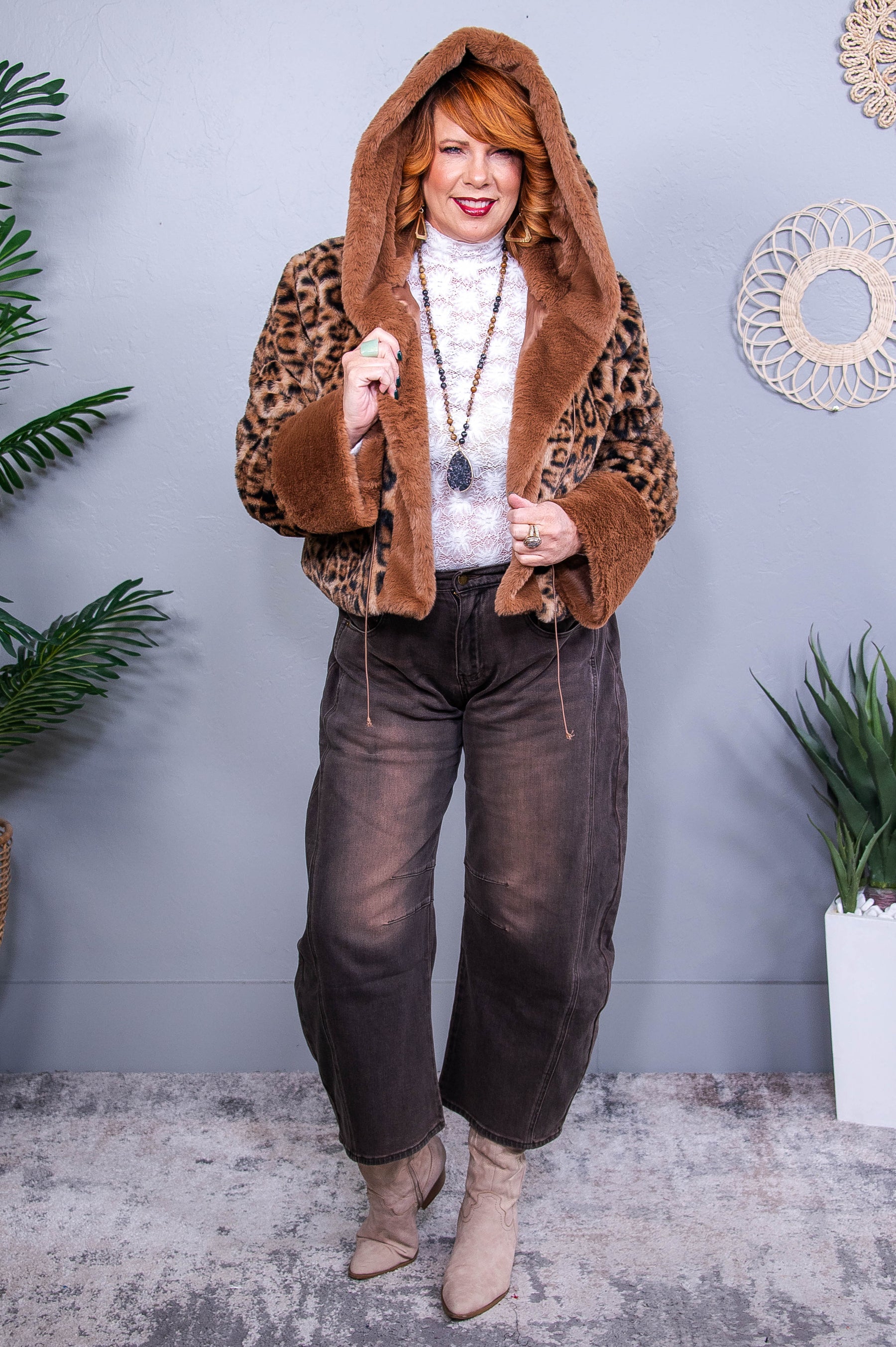 She Has Fire In Her Soul Brown Printed Faux Fur Jacket - O5659BR