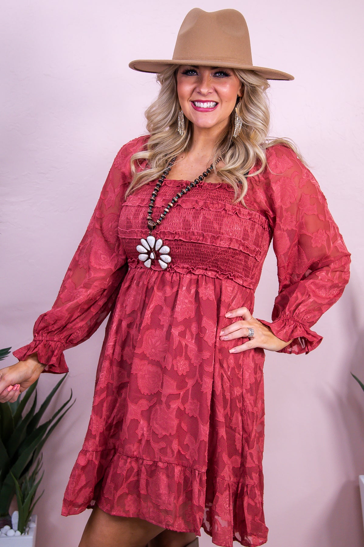 Simply Summer Marsala Solid Floral Sheer Dress - D5452MS