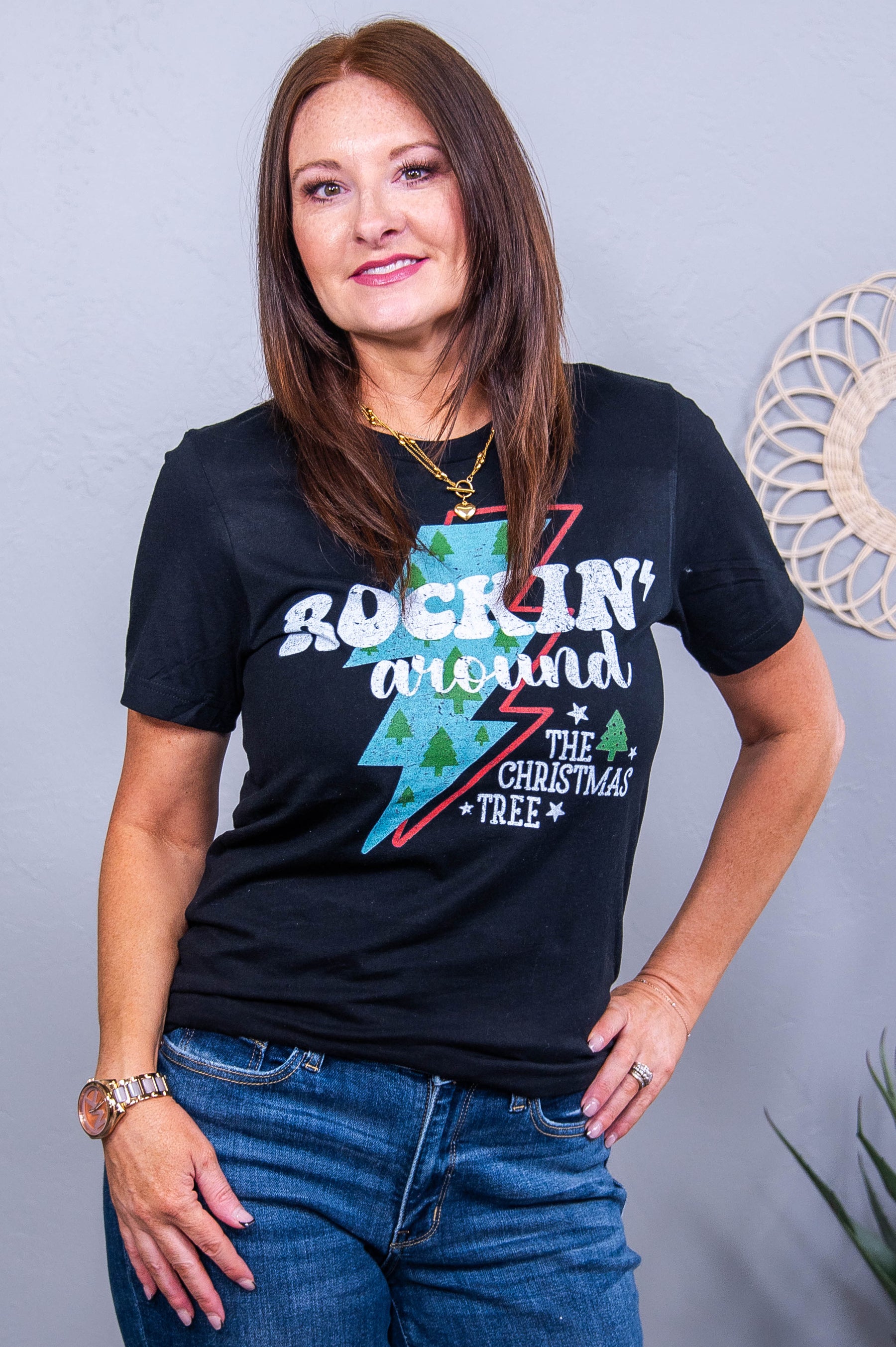 Rocking Around The Christmas Tree Black Graphic Tee - A3759BK