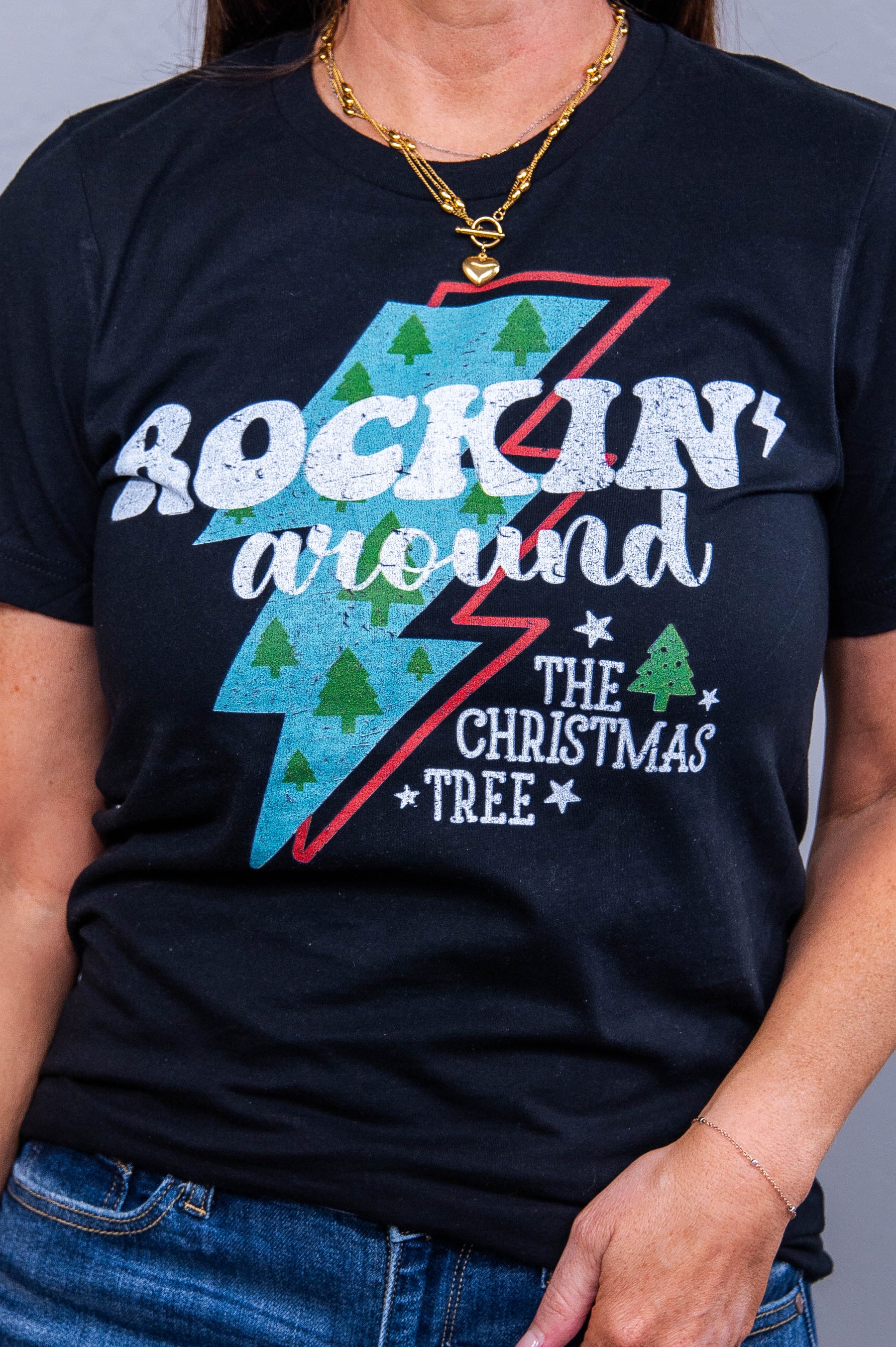 Rocking Around The Christmas Tree Black Graphic Tee - A3759BK