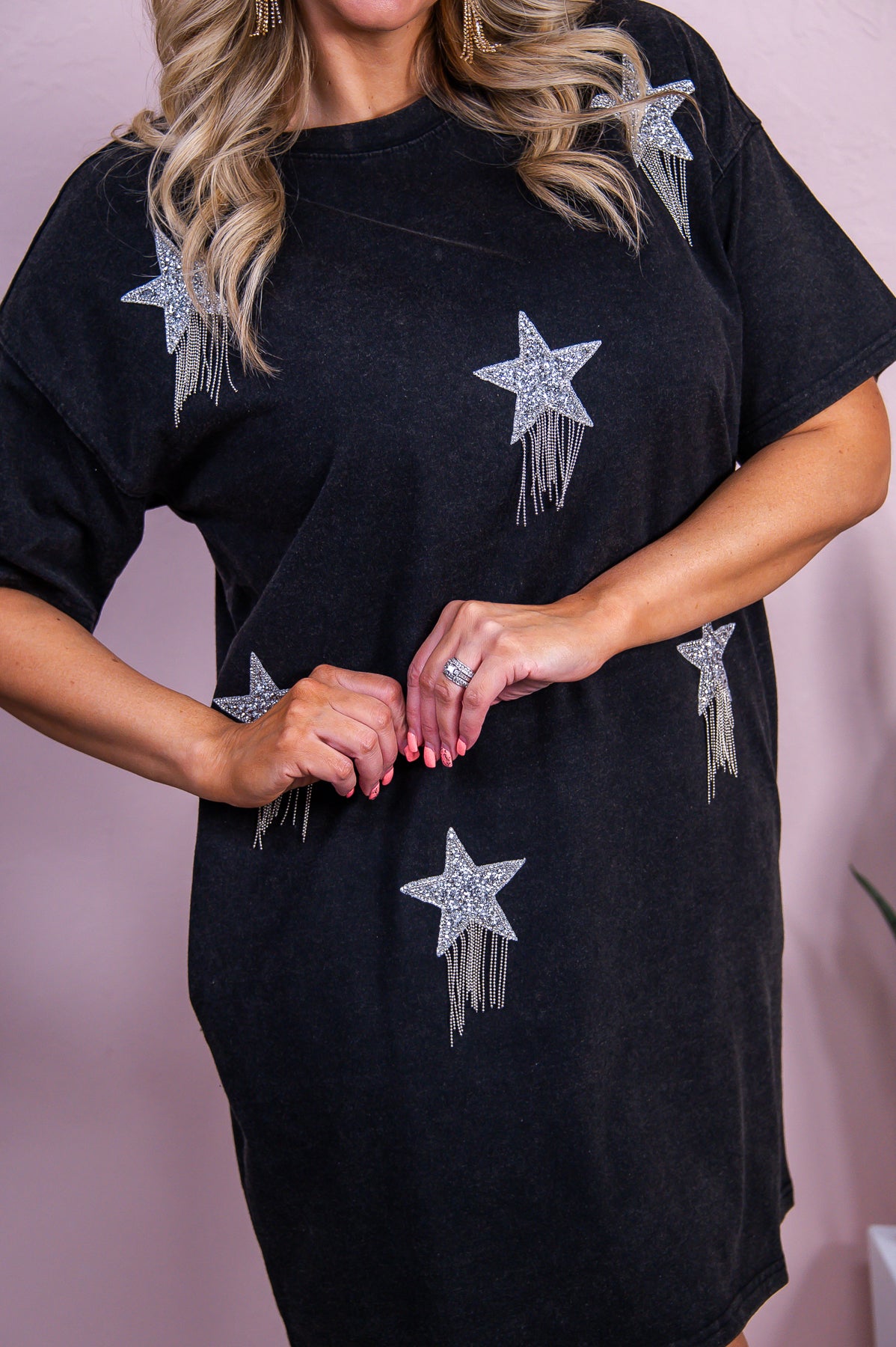 Under The Western Sky Black Silver Bling Studded Star T Shirt Dress D5453BK