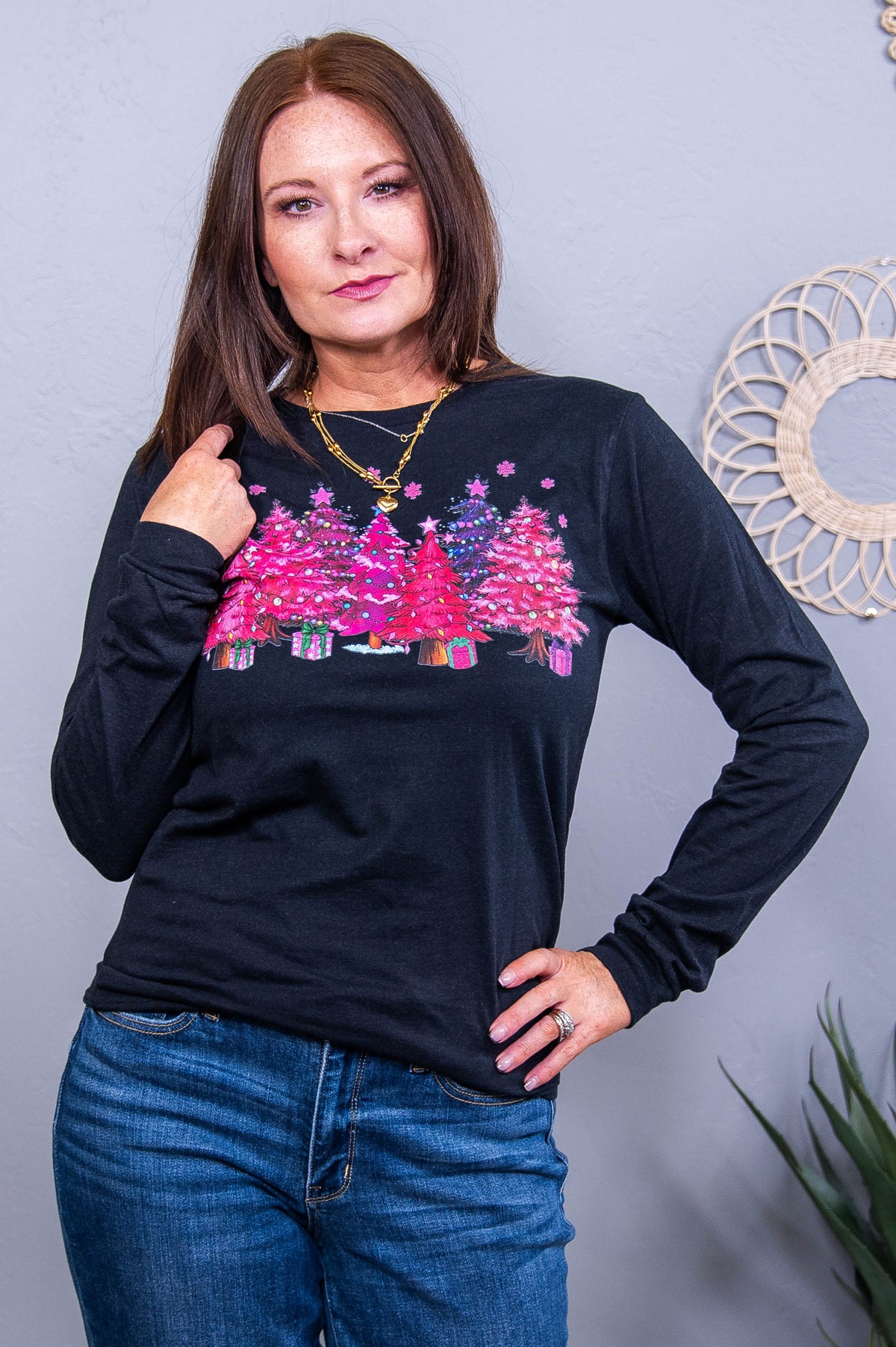 Watching The Sparkling Lights Black Christmas Trees Graphic Tee - A3768BK