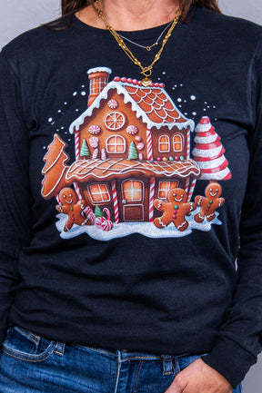 Welcome To The Gingerbread Cafe Black Long Sleeve Graphic Tee- A3754BK