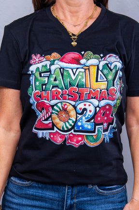 Family Christmas 2024 Black V Neck Graphic Tee - A3755BK