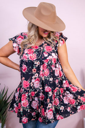 Spectacular Summer Black/Pink Floral Tunic - T10015BK