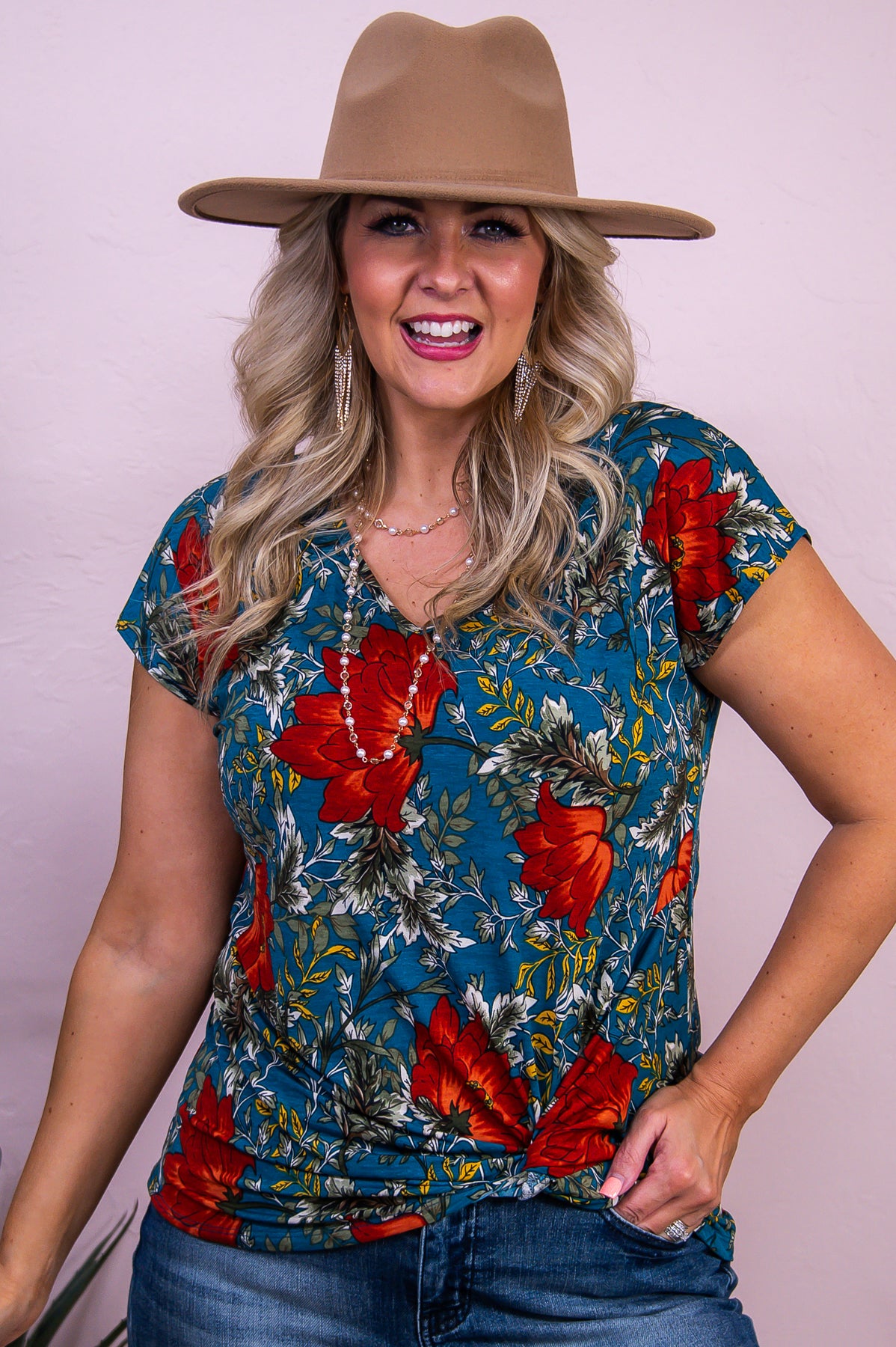 She's Got It All Teal Floral Front Twist Top - T10006TE