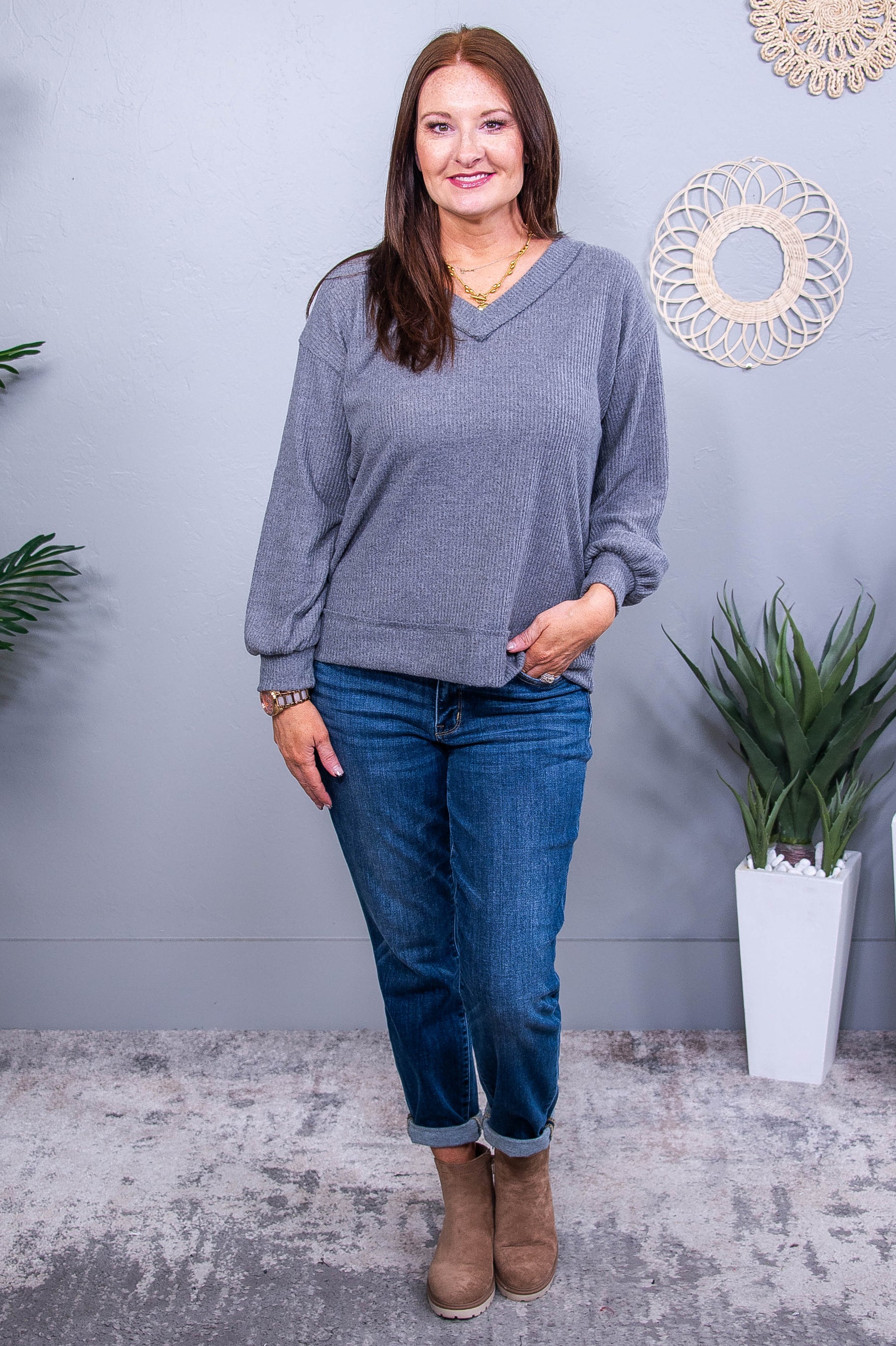 Not Your Average Basic Charcoal Gray V Neck Top - T10698CG