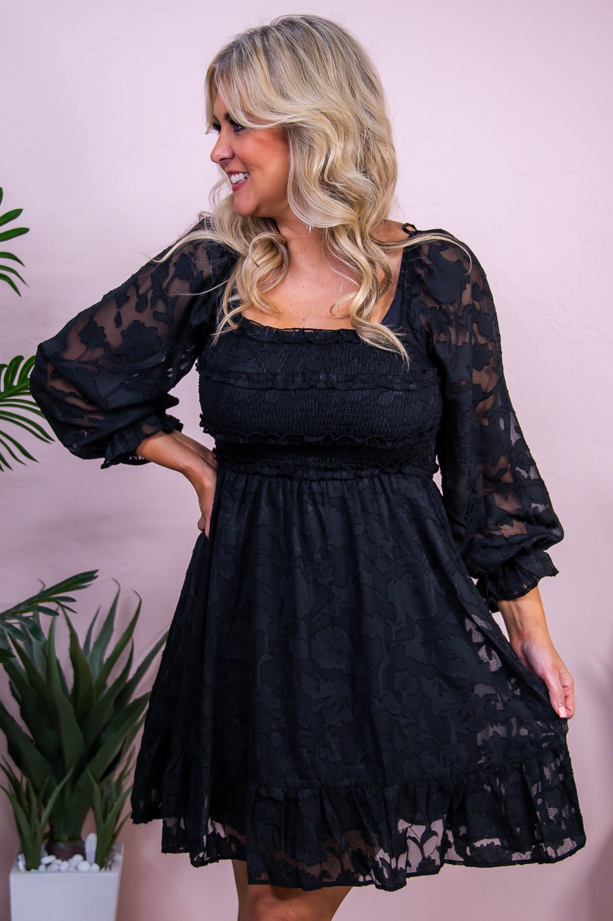 Simply Summer Black Solid Floral Sheer Dress - D5458BK