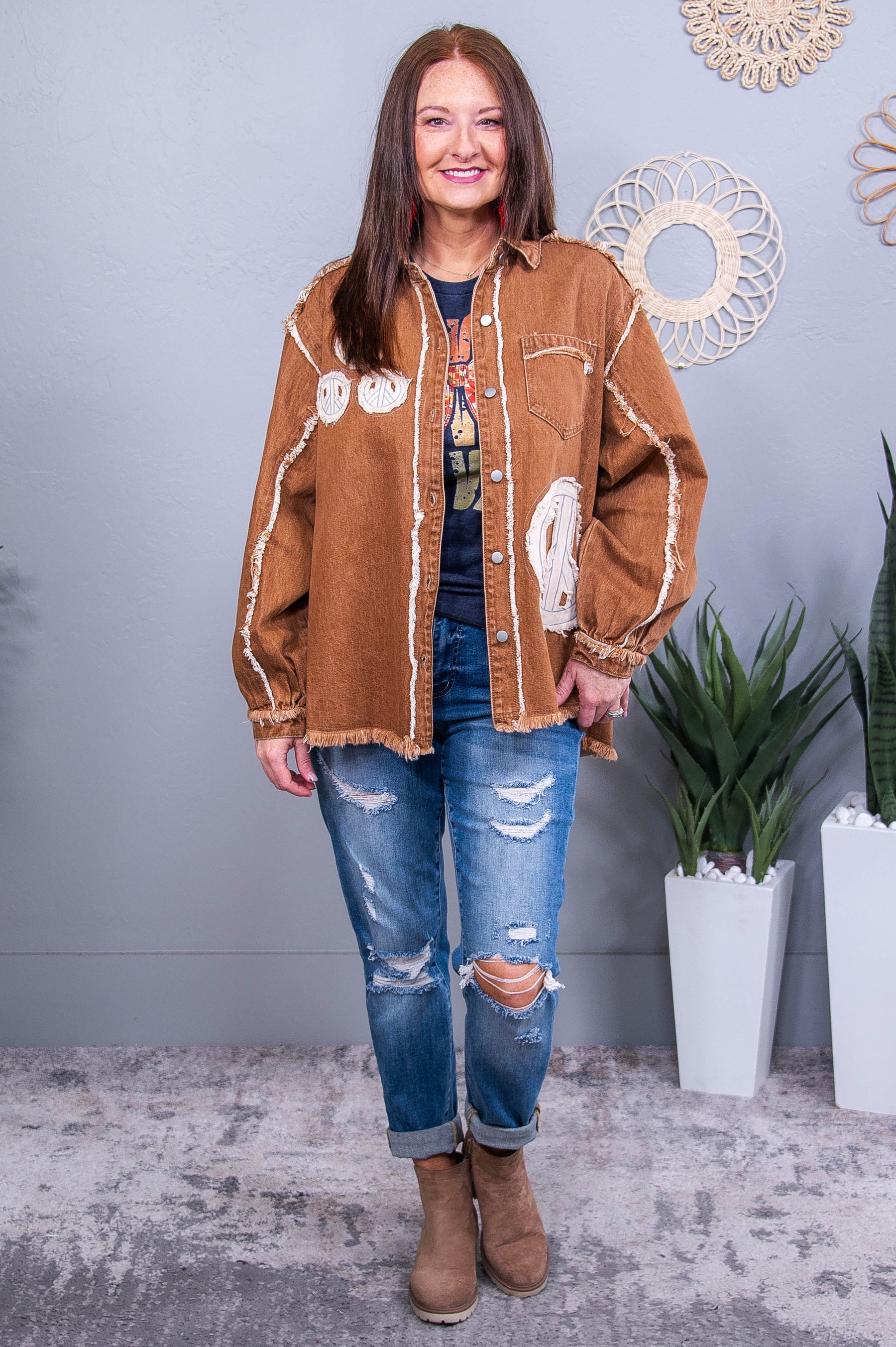 Be The Peace You Seek Chocolate Peace Sign Frayed Patchwork Jacket - O5663CA