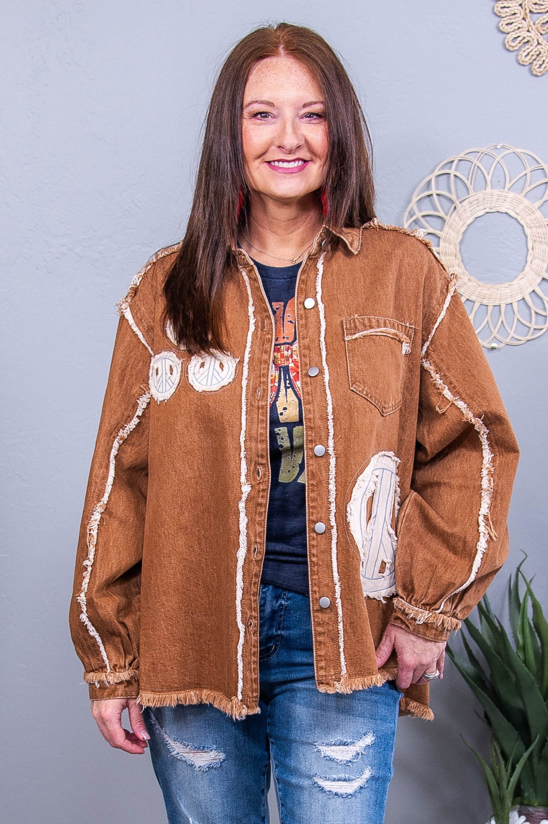 Be The Peace You Seek Chocolate Peace Sign Frayed Patchwork Jacket - O5663CA