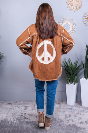 Be The Peace You Seek Chocolate Peace Sign Frayed Patchwork Jacket - O5663CA