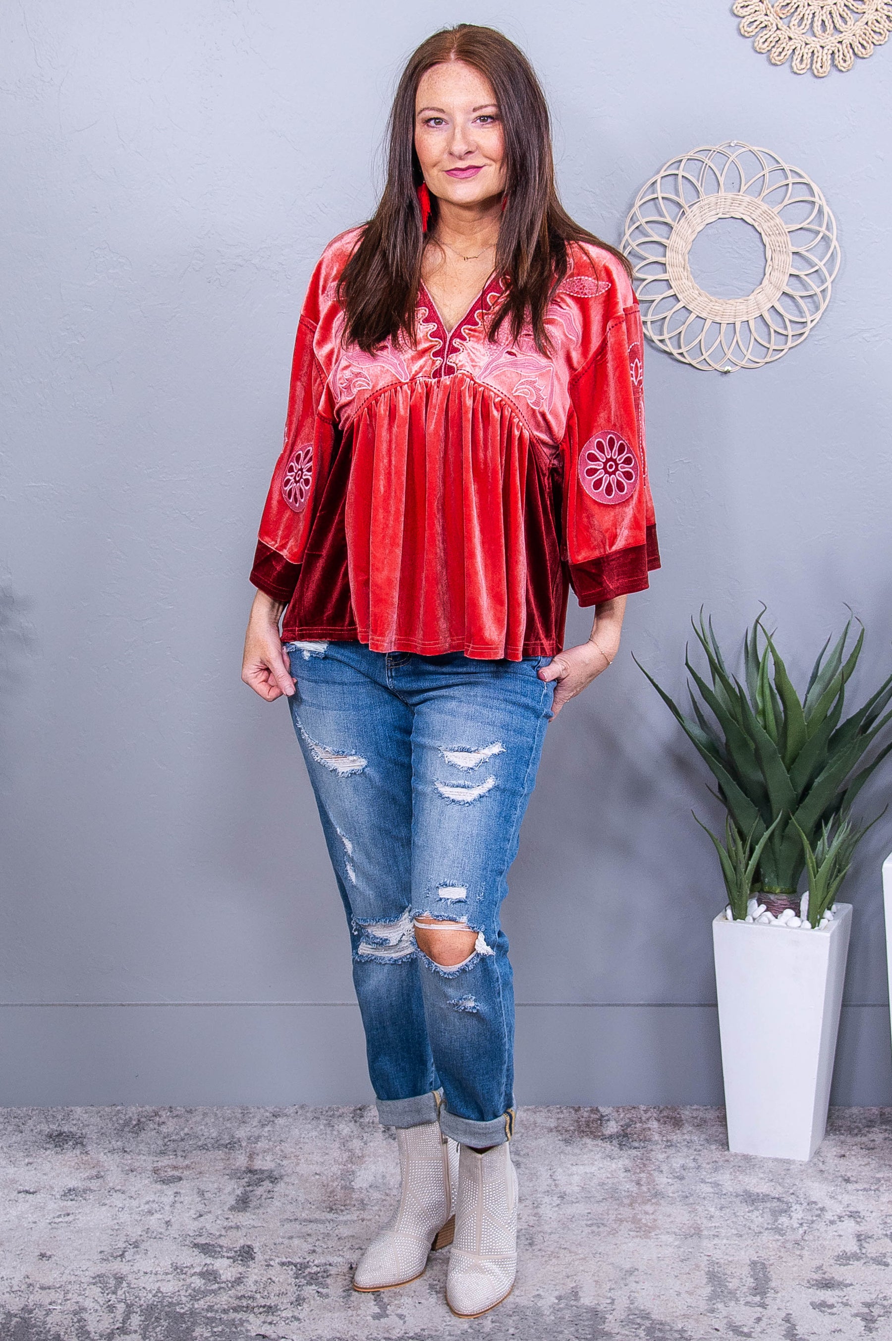 Chase Your Dreams Rust/Mauve Embroidered V Neck Top - T10713RS