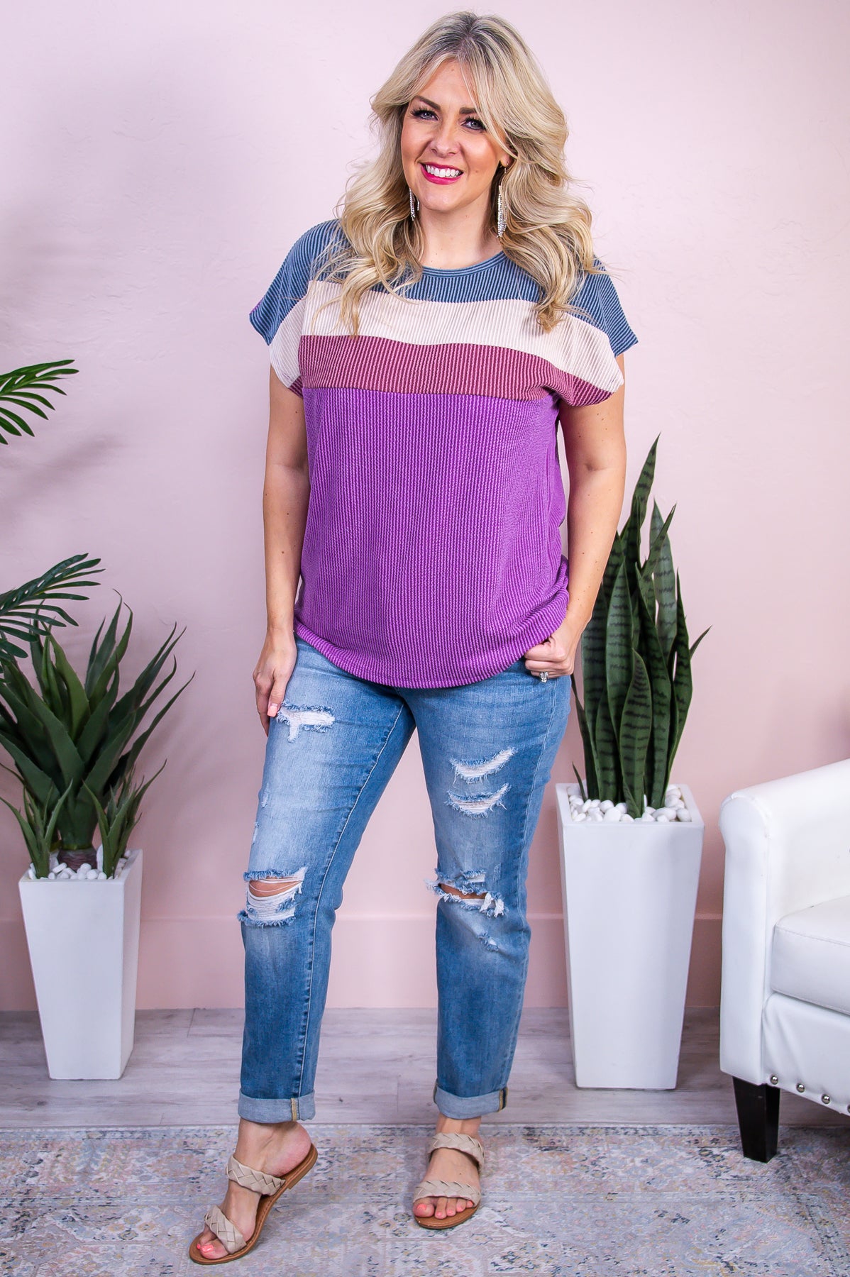 Keep you Guessing Plum/Multi Color Ribbed Striped Top - T10049PL