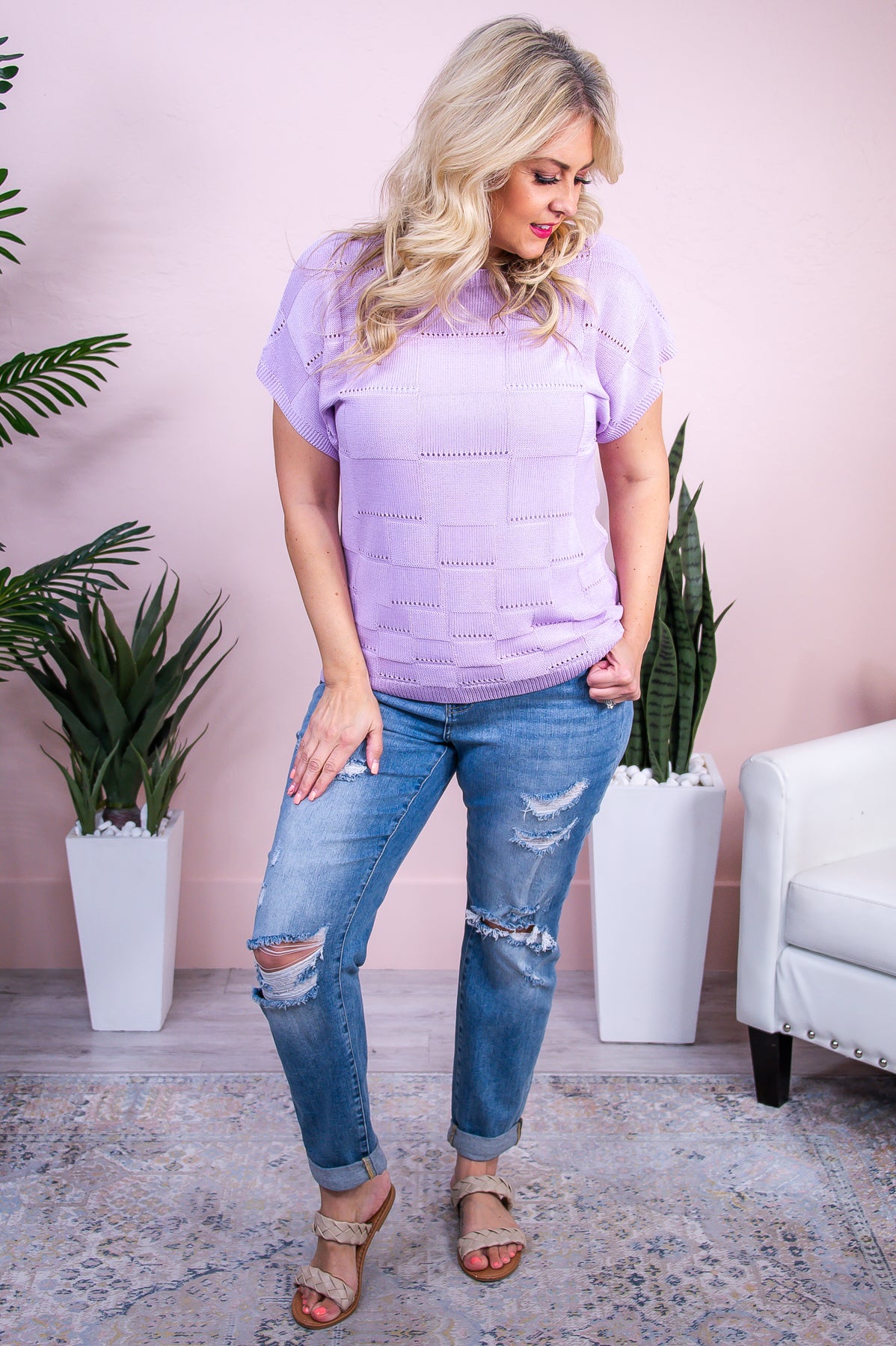 She's A Keeper Lilac Solid Knitted Checkered Top - T10045LI
