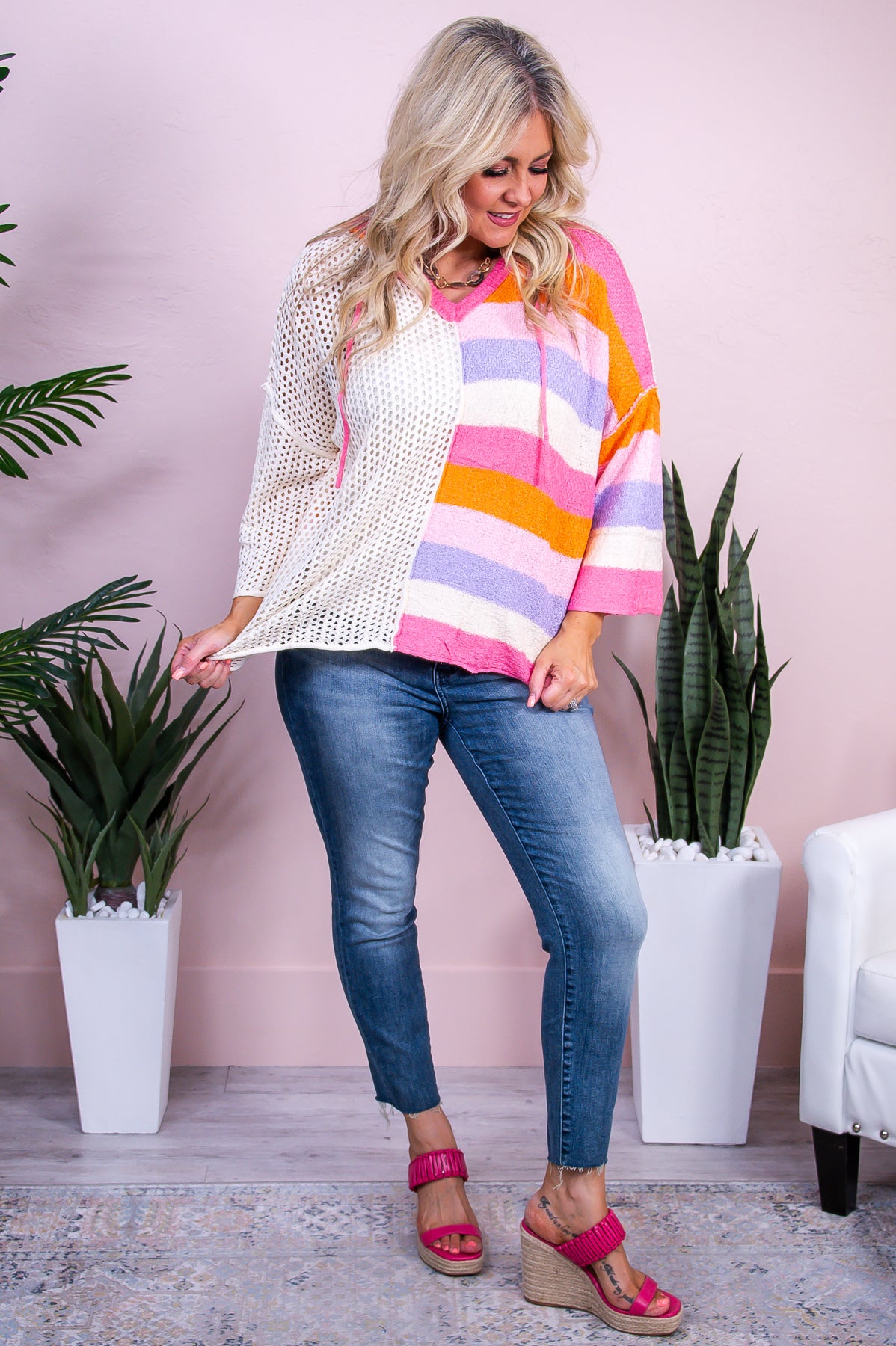 Excursion Time Pink/Multi Color Striped Knitted Mesh Top - T10058PK