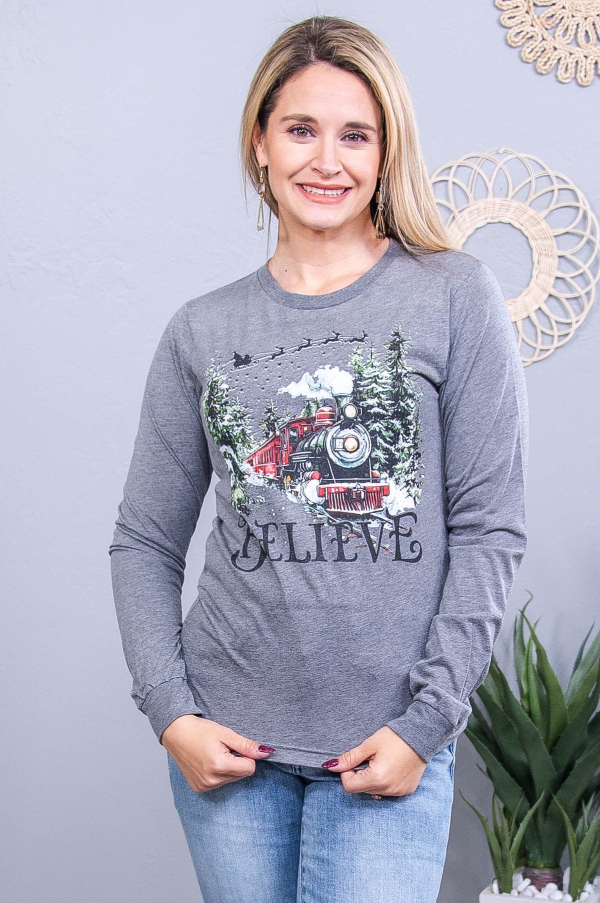 Believe Gray Long Sleeves Graphic Tee - A3813GR