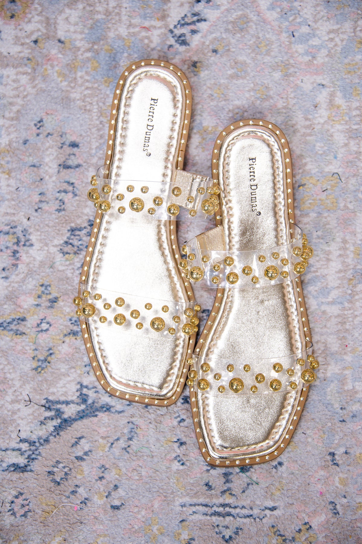 Flawless Appeal Gold/Clear Studded Slip-On Sandals - SHO2591GD