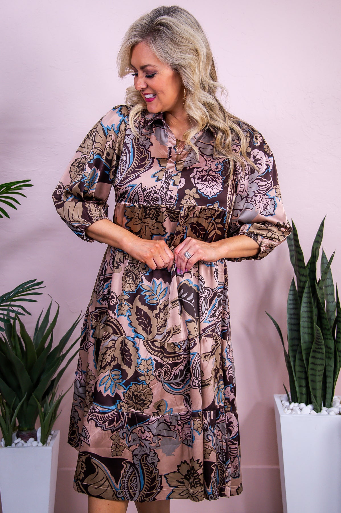 Sunset Soiree Brown/Blue Floral Dress - D5476BR