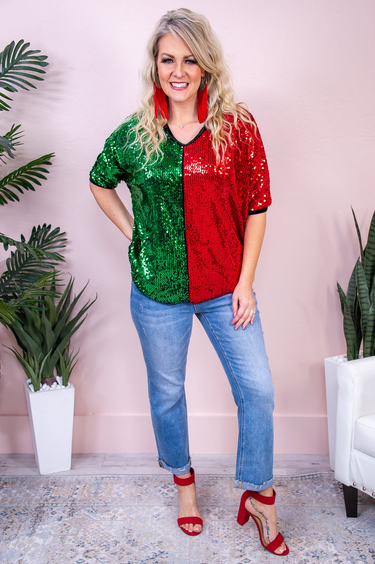 Yule Tidings Red/Green High-Low Sequin Top - T8508RD