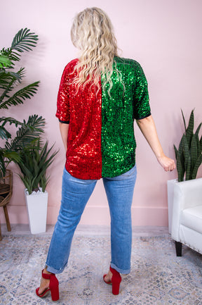 Yule Tidings Red/Green High-Low Sequin Top - T8508RD