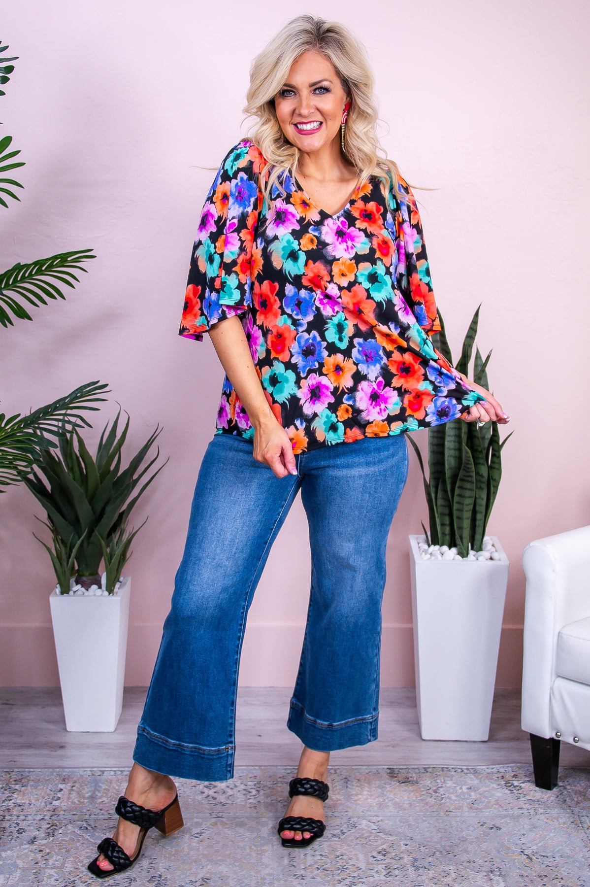 Call My Agent Black/Multi Color Floral Top - T10076BK