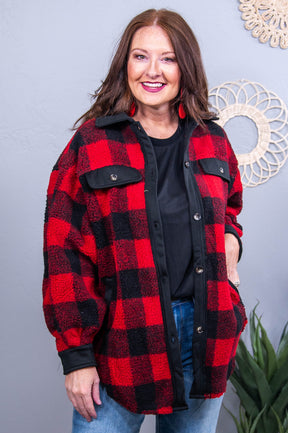 Checking Out Early Red/Black Checkered Sherpa Jacket - O5668RD