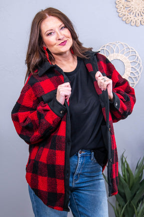 Checking Out Early Red/Black Checkered Sherpa Jacket - O5668RD