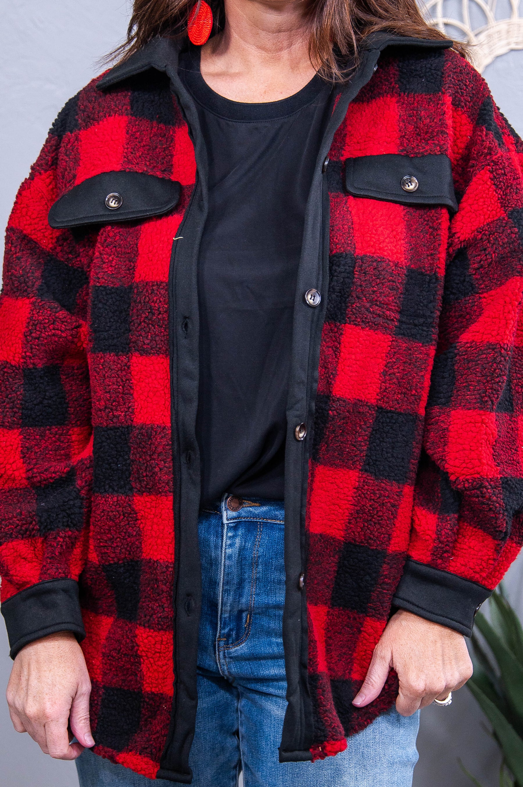 Checking Out Early Red/Black Checkered Sherpa Jacket - O5668RD