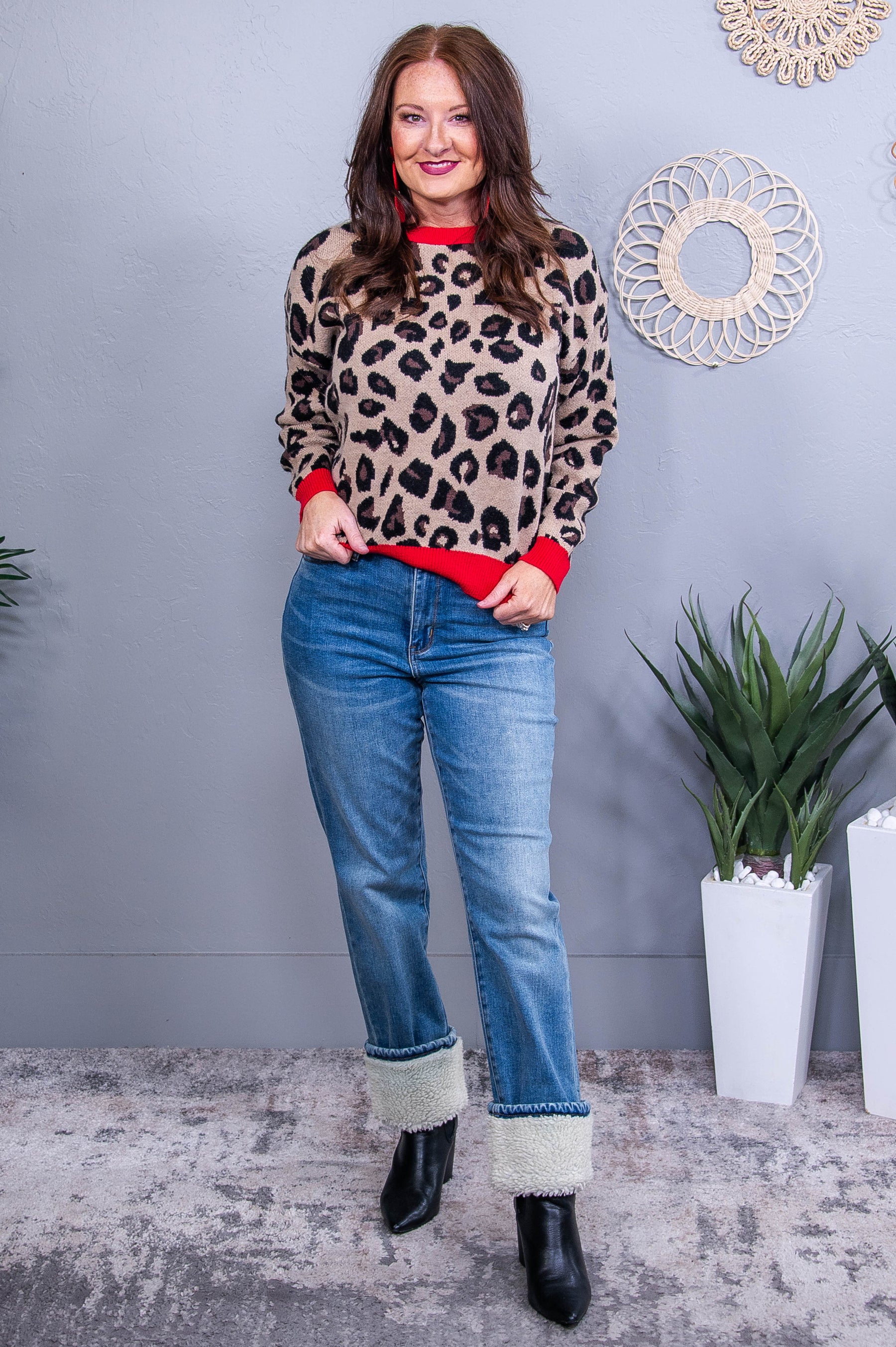 She's A Fierce Mama Taupe/Red Printed Sweater Top - T10725TA