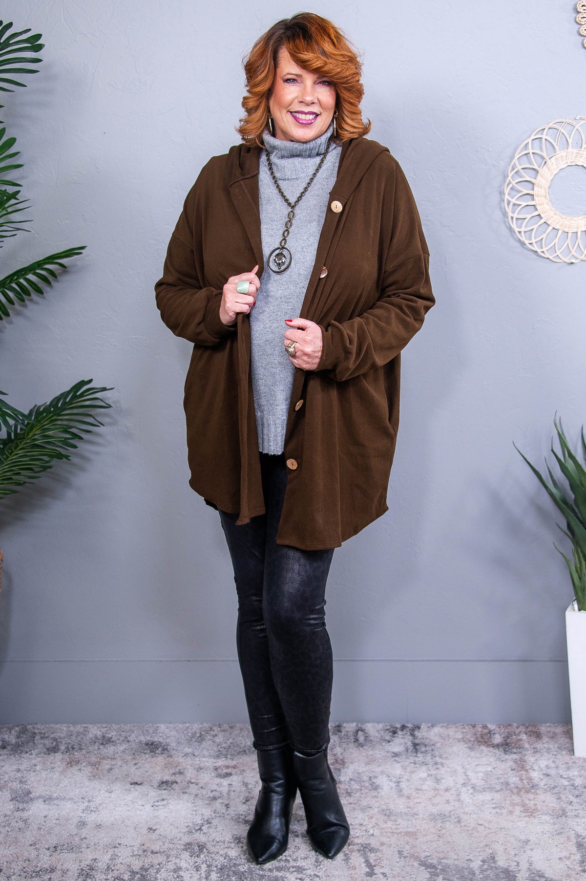 I'll Always Keep Your Secrets Dark Brown Solid Hooded Cardigan - O5670DBR