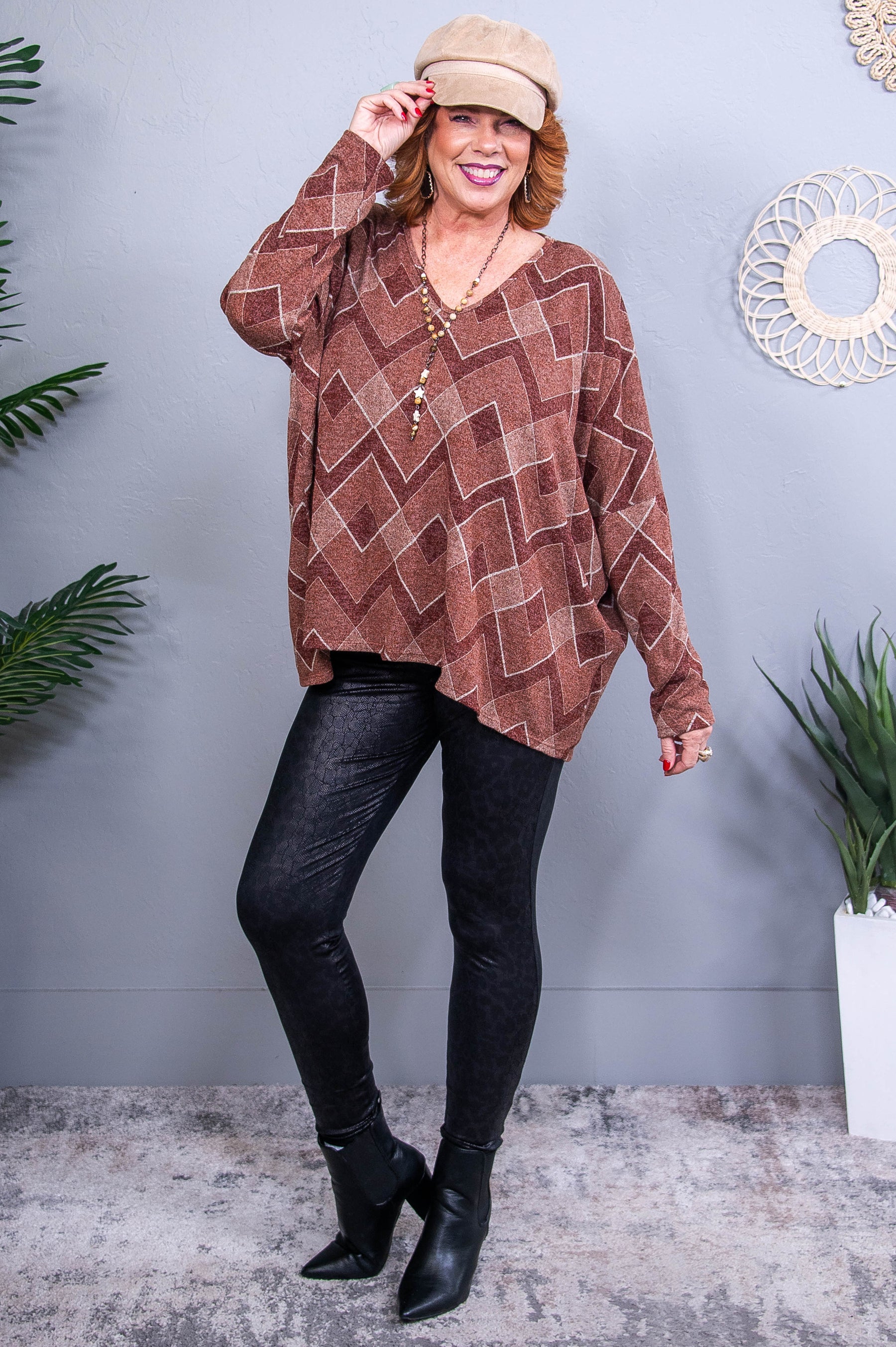 Forever Grateful Heather Rust Printed Asymmetrical Top - T10728HRU