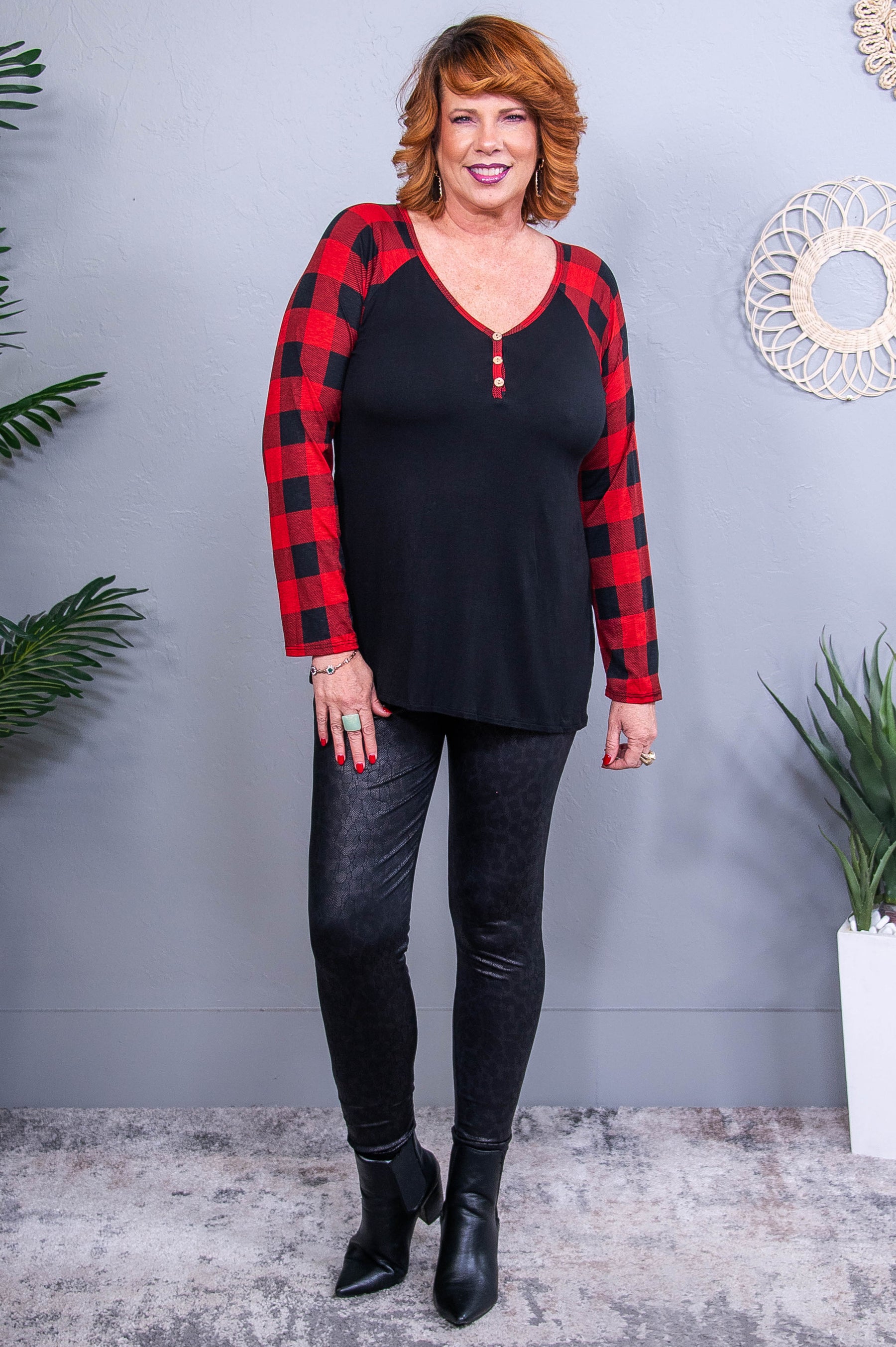 Feeling Festive Black/Red Buffalo Plaid Top - T10727BK