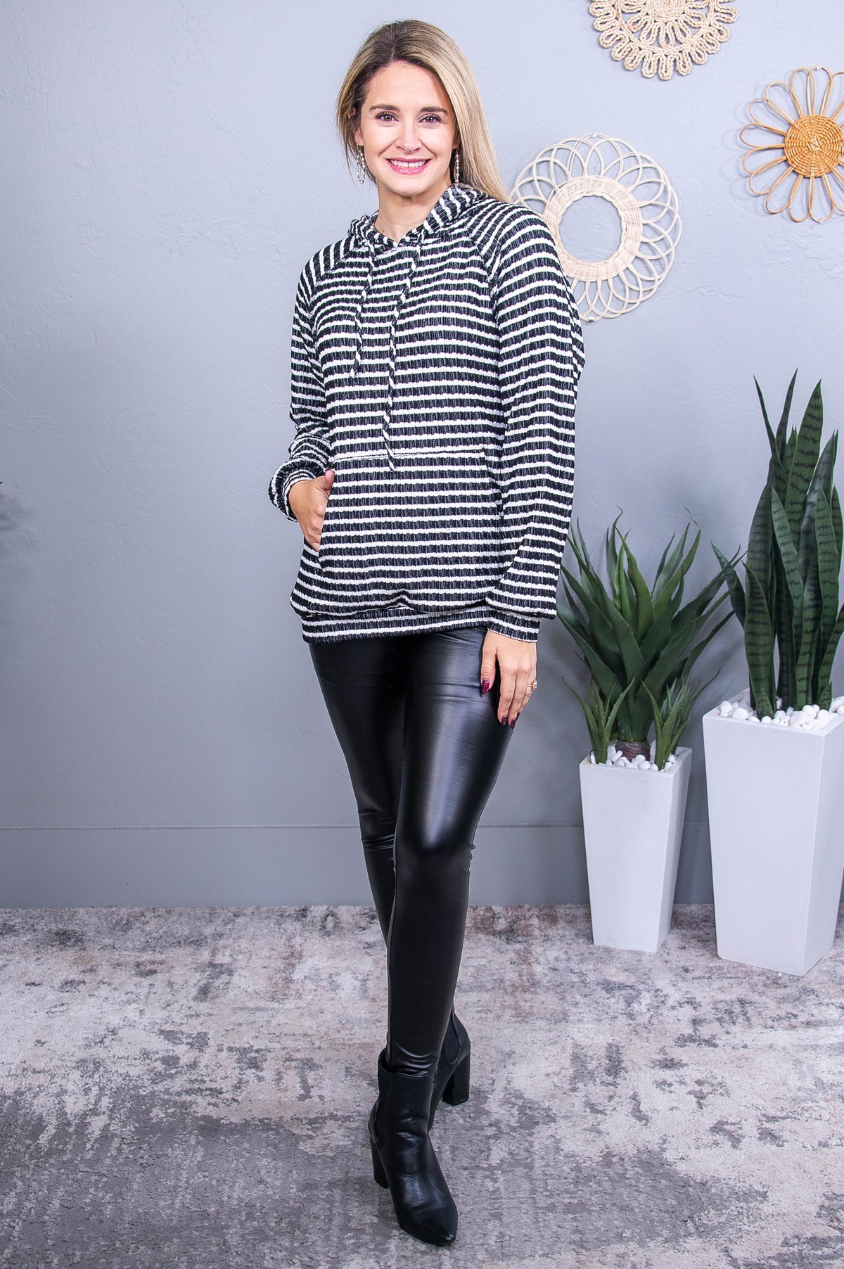 Cloudy Day Festivities Black/White Striped Hooded Top - T10738BK