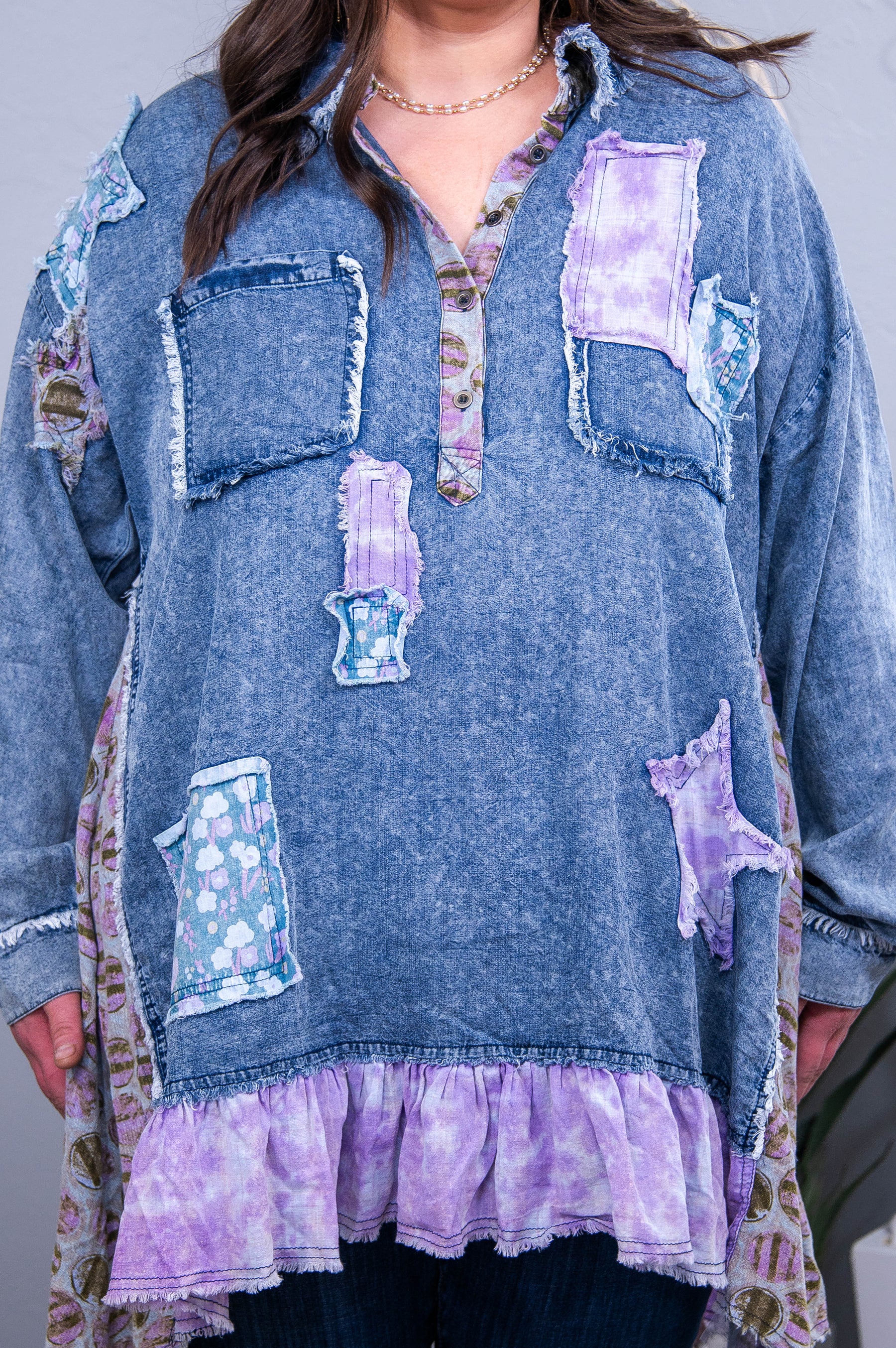 Humble And Kind Denim/Multi Color/Pattern Top - T10742DN