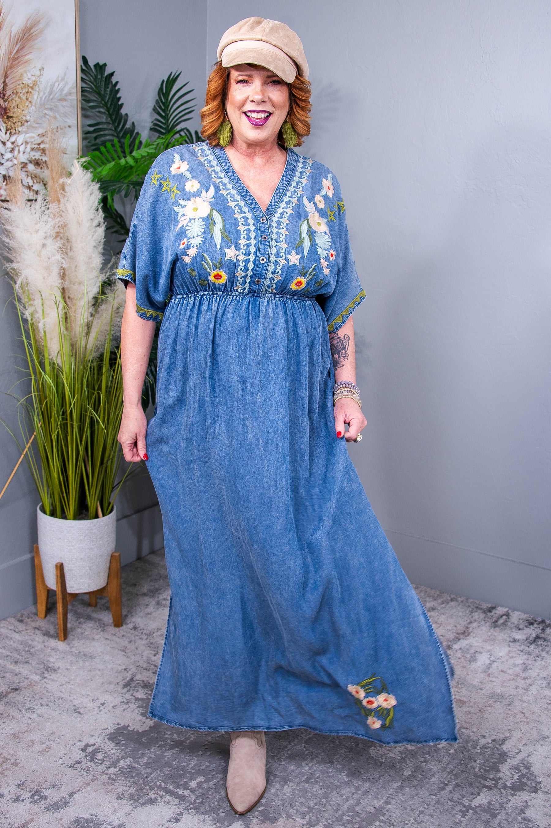 She's Someone Special Denim/Multi Color Embroidered Maxi Dress - D5575DN