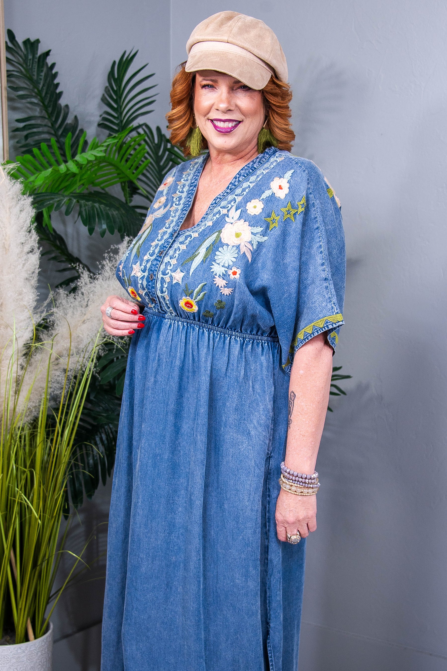 She's Someone Special Denim/Multi Color Embroidered Maxi Dress - D5575DN