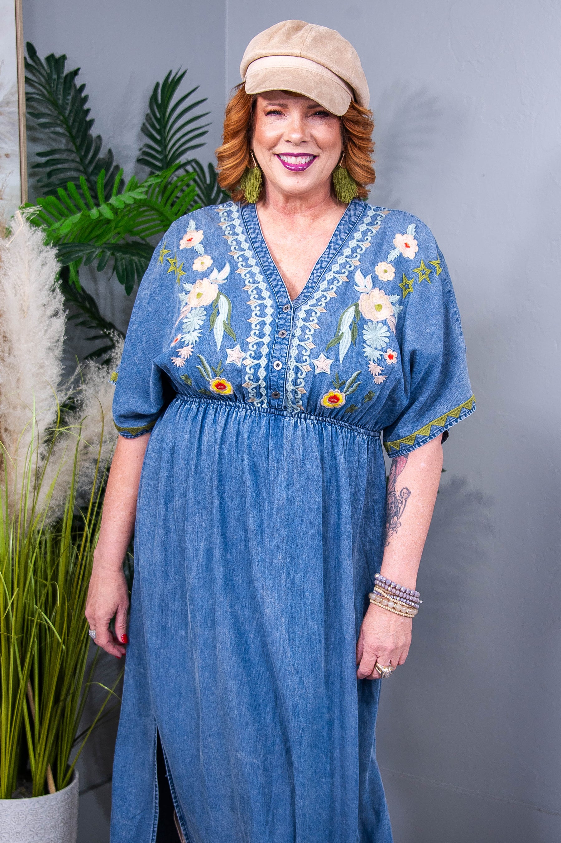 She's Someone Special Denim/Multi Color Embroidered Maxi Dress - D5575DN