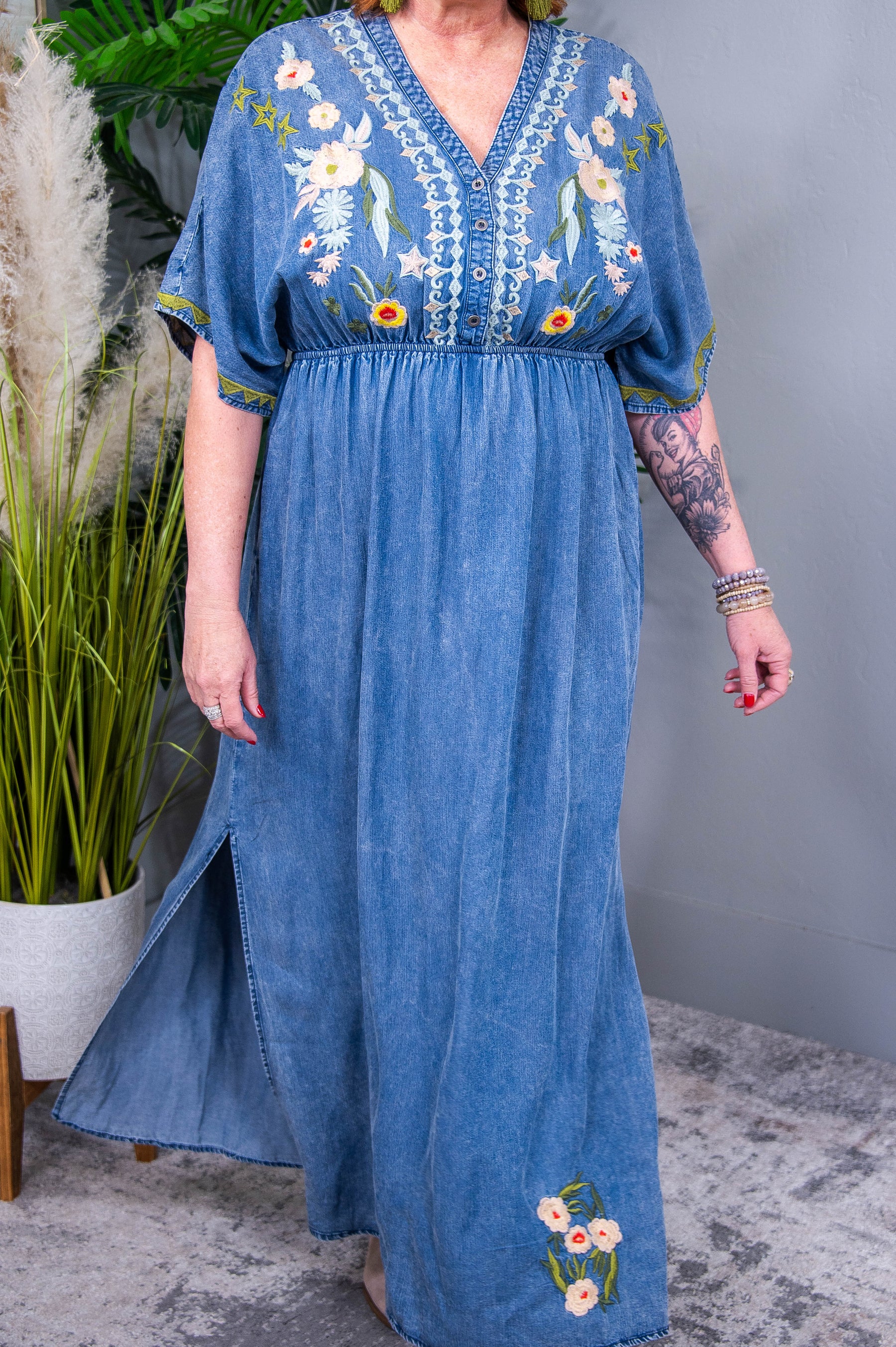 She's Someone Special Denim/Multi Color Embroidered Maxi Dress - D5575DN