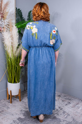 She's Someone Special Denim/Multi Color Embroidered Maxi Dress - D5575DN