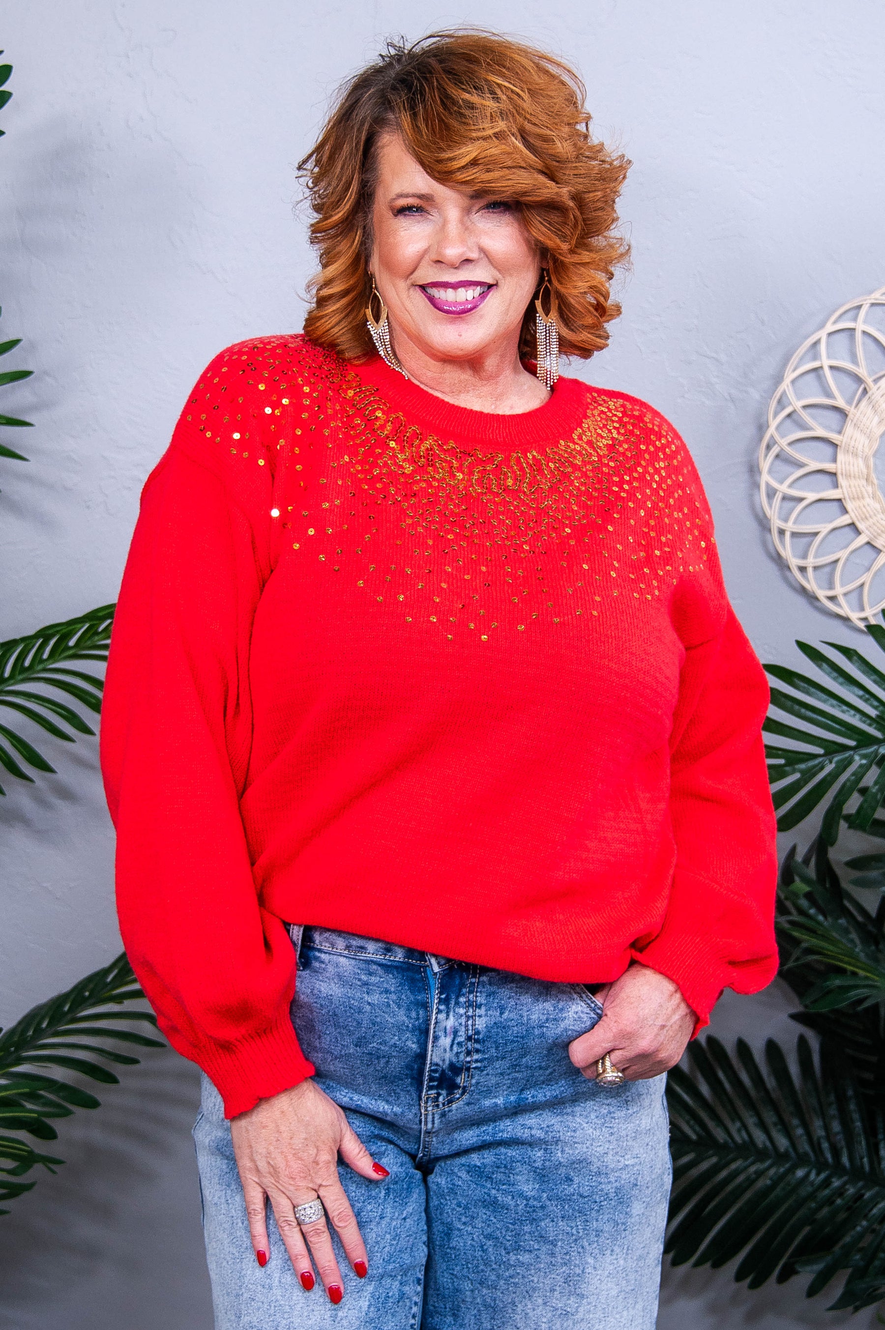 I'm Always Shining Red/Gold Sequins Knitted Top - T10743RD