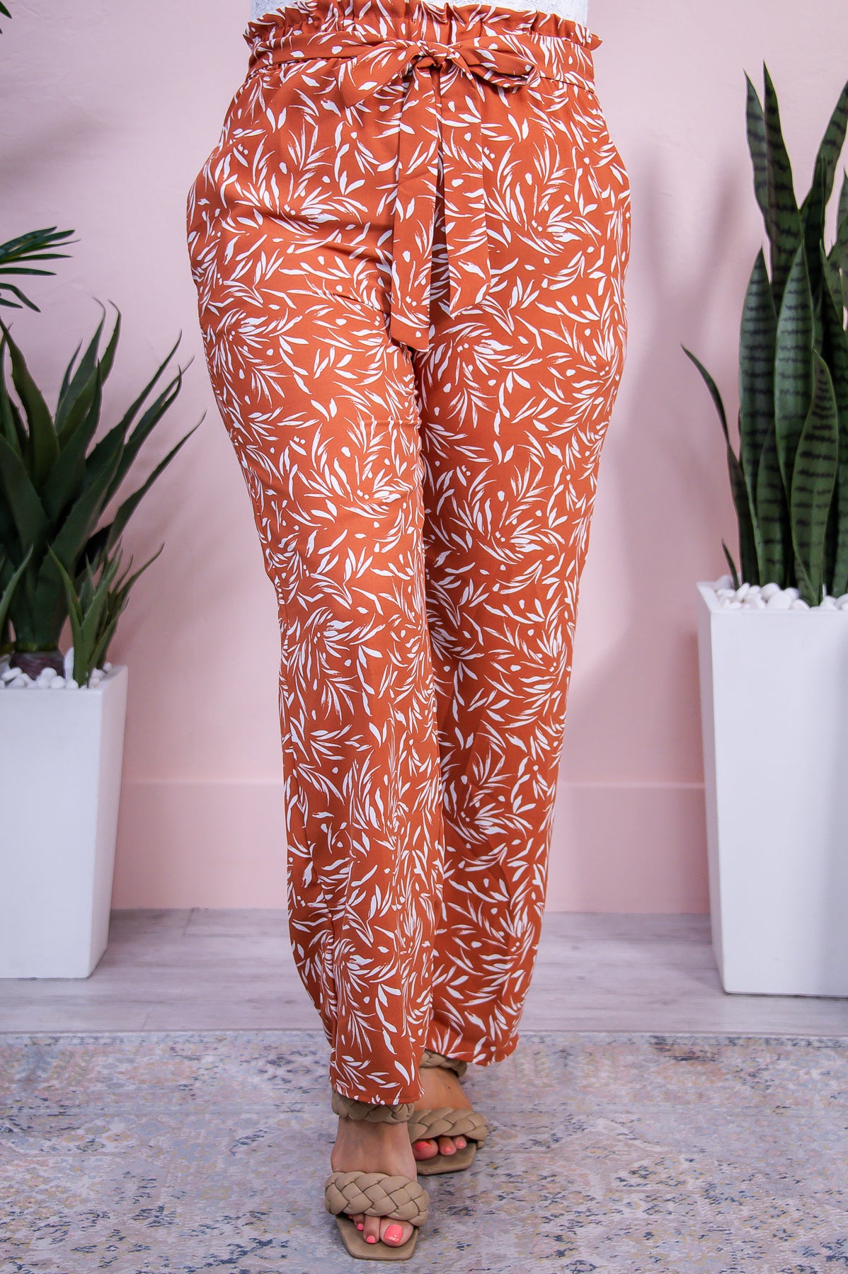 Watch And Learn Rust/Ivory Printed Front Tie Pants - PNT1655RU