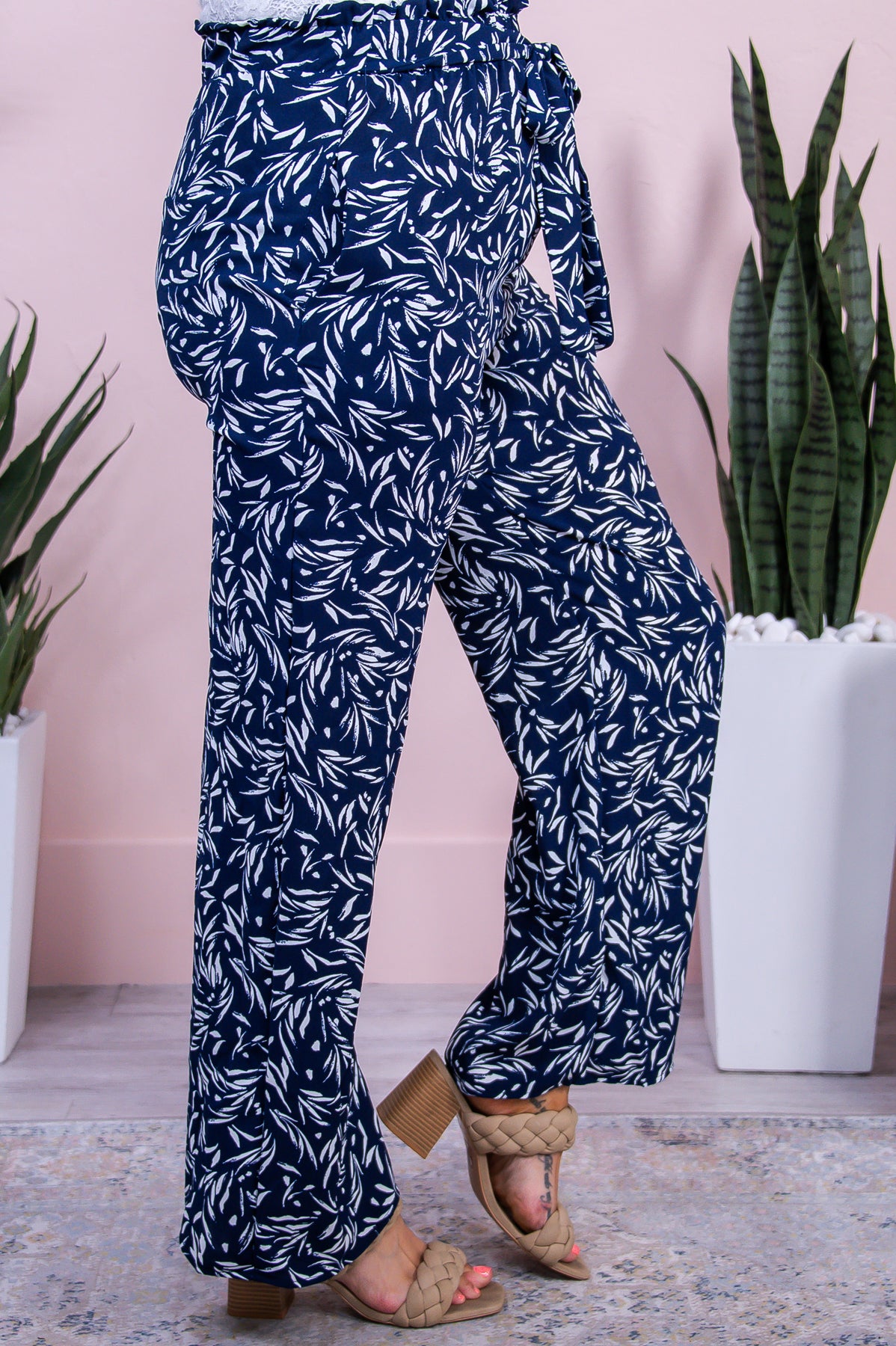 Watch And Learn Navy/Ivory Printed Front Tie Pants - PNT1656NV