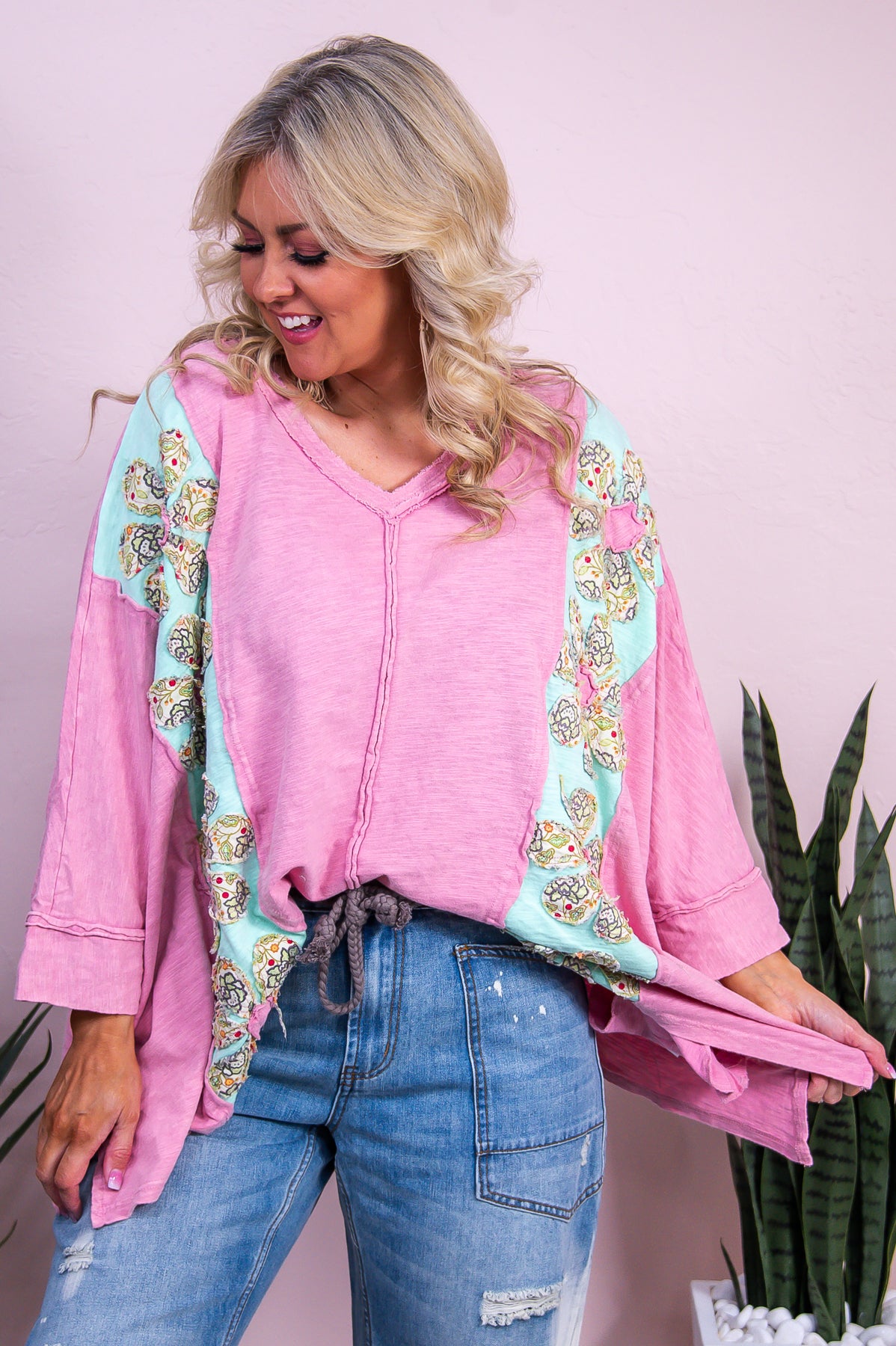 Holding My Own Pink/Multi Color Floral Patchwork Top - T10083PK