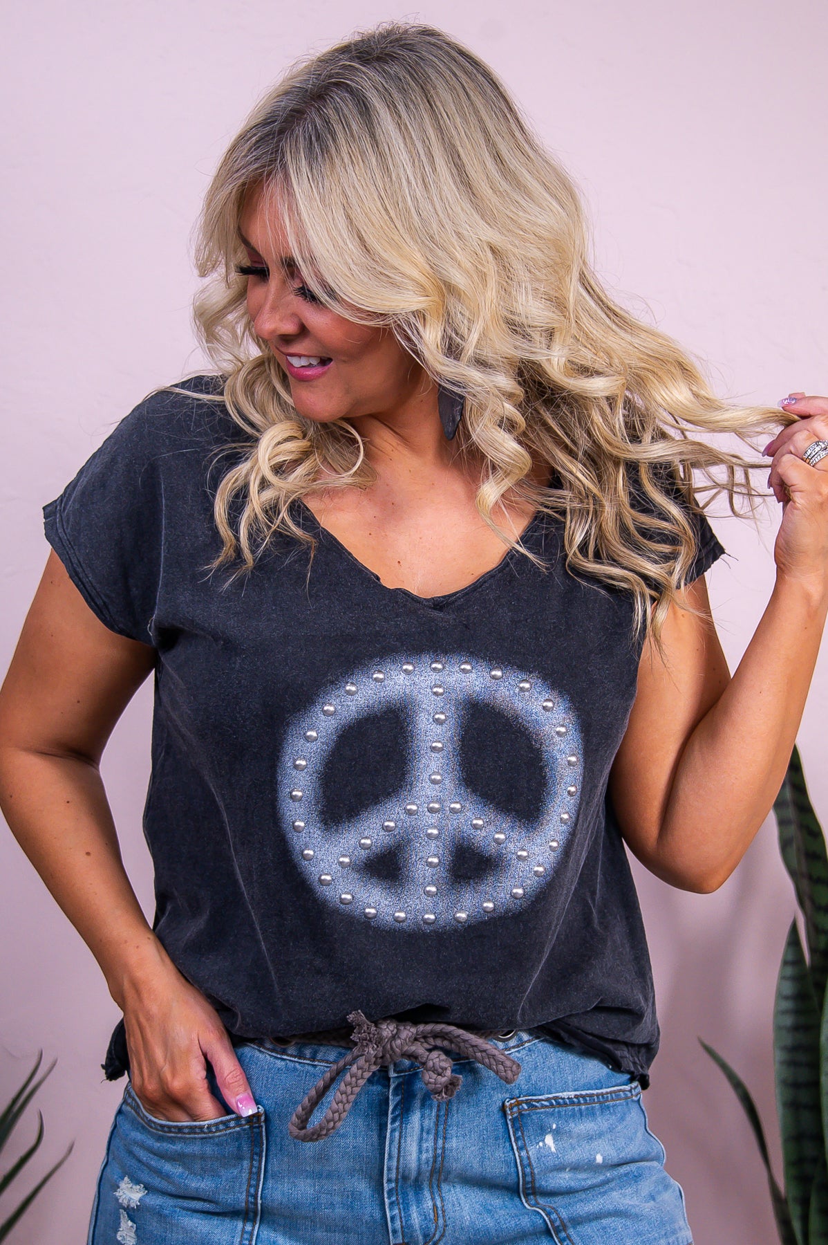 Perfect Your Peace Black Studded Peace Sign Top - T10086BK