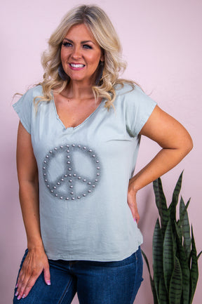 Perfect Your Peace Dusty Mint Studded Peace Sign Top - T10084DMT