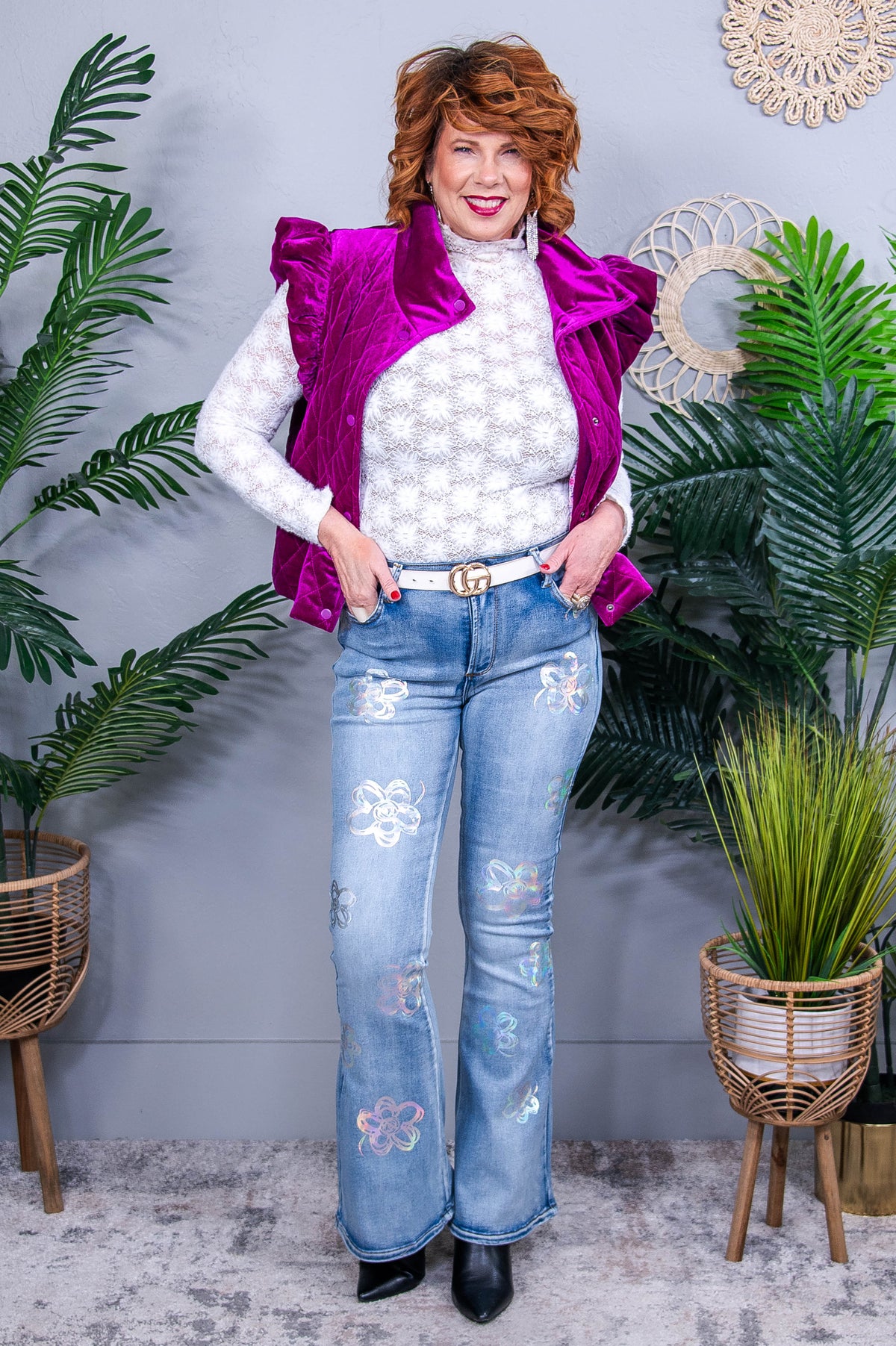 She's Got That Flower Power Denim Iridescent Floral Jeans - K1263DN